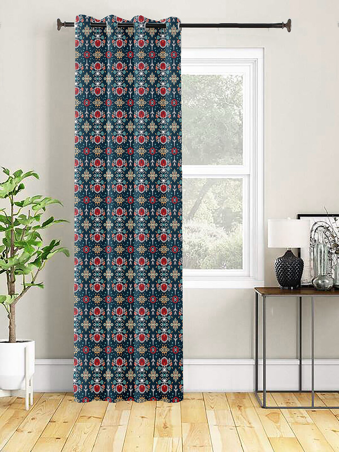 AEROHAVEN Blue & Red Ethnic Motifs Printed Room Darkening Eyelet Door Curtain
