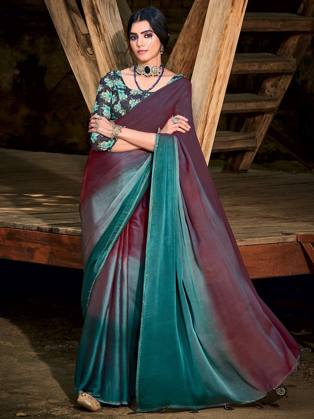 Mitera Burgundy & Turquoise Blue Ombre Embellished Saree