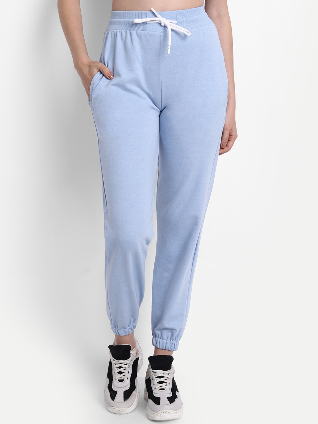 deb Women Blue Solid Cotton Relaxed Fit Joggers