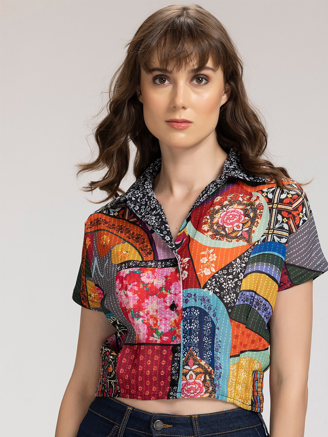 SHAYE Multicoloured Floral Print Bohemian Shirt Style Crop Top