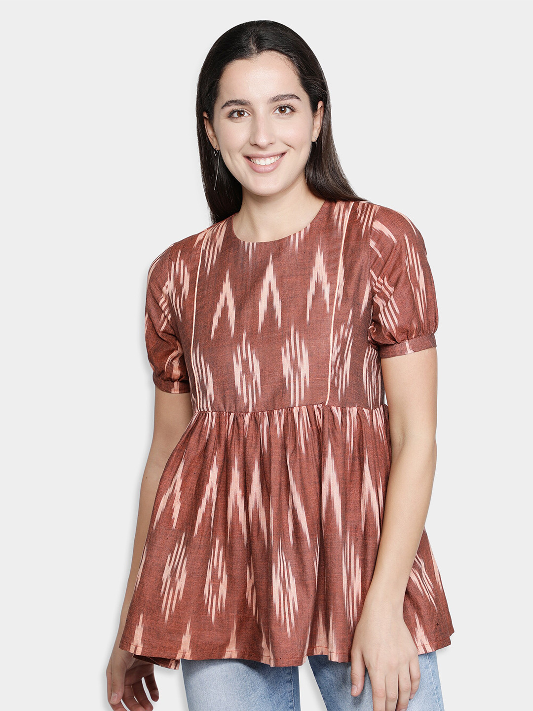 Cot'N Soft Brown & Off White Woven Design Pure Cotton Empire Kurti