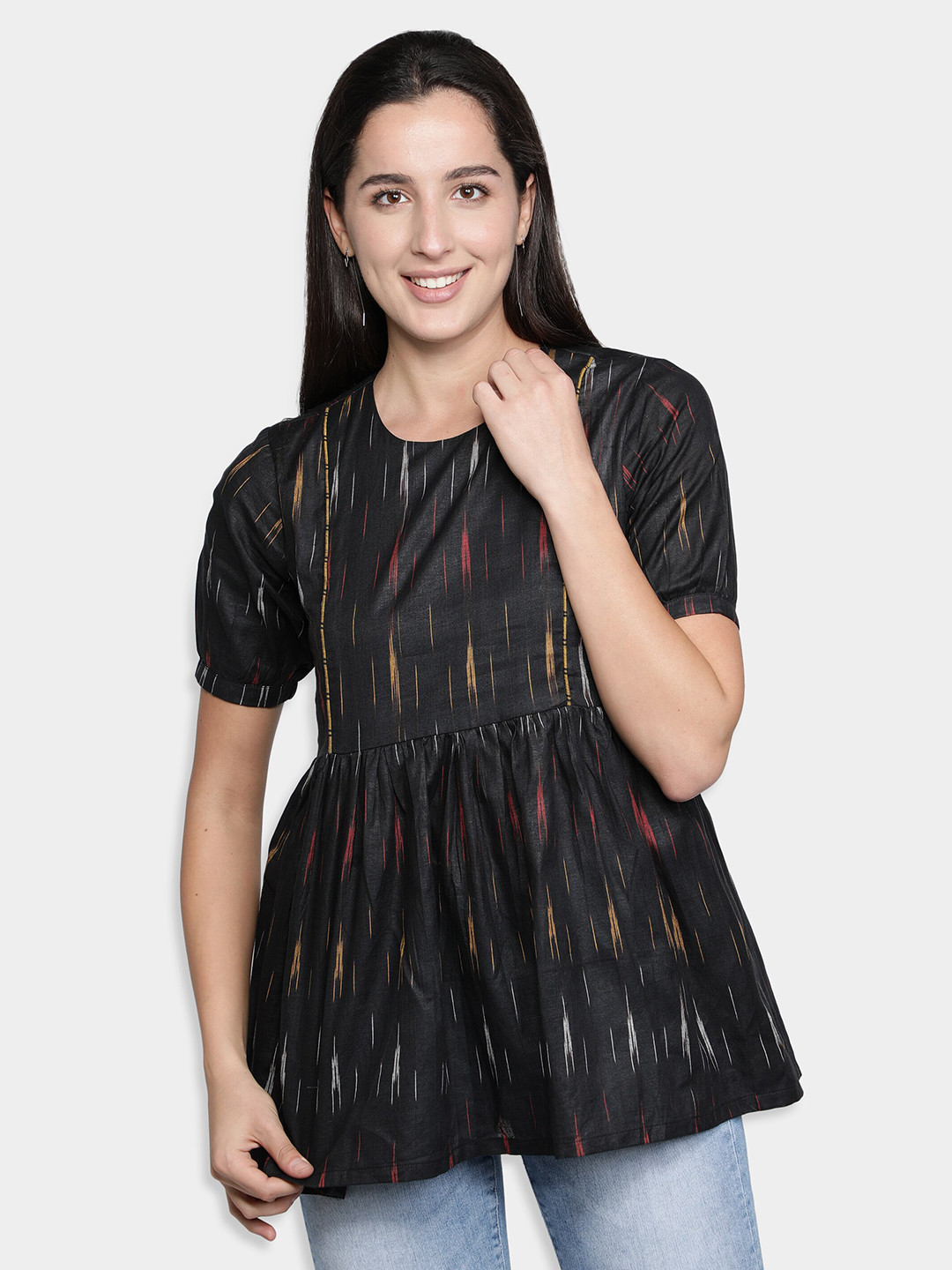 Cot'N Soft Women Black & Yellow Woven Design Pure Cotton Handloom Empire Kurti