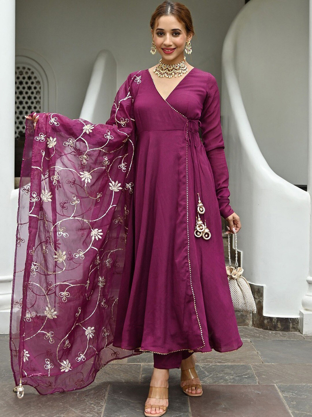 Lavanya The Label Women Burgundy Angrakha Kurta with Trousers & With Dupatta