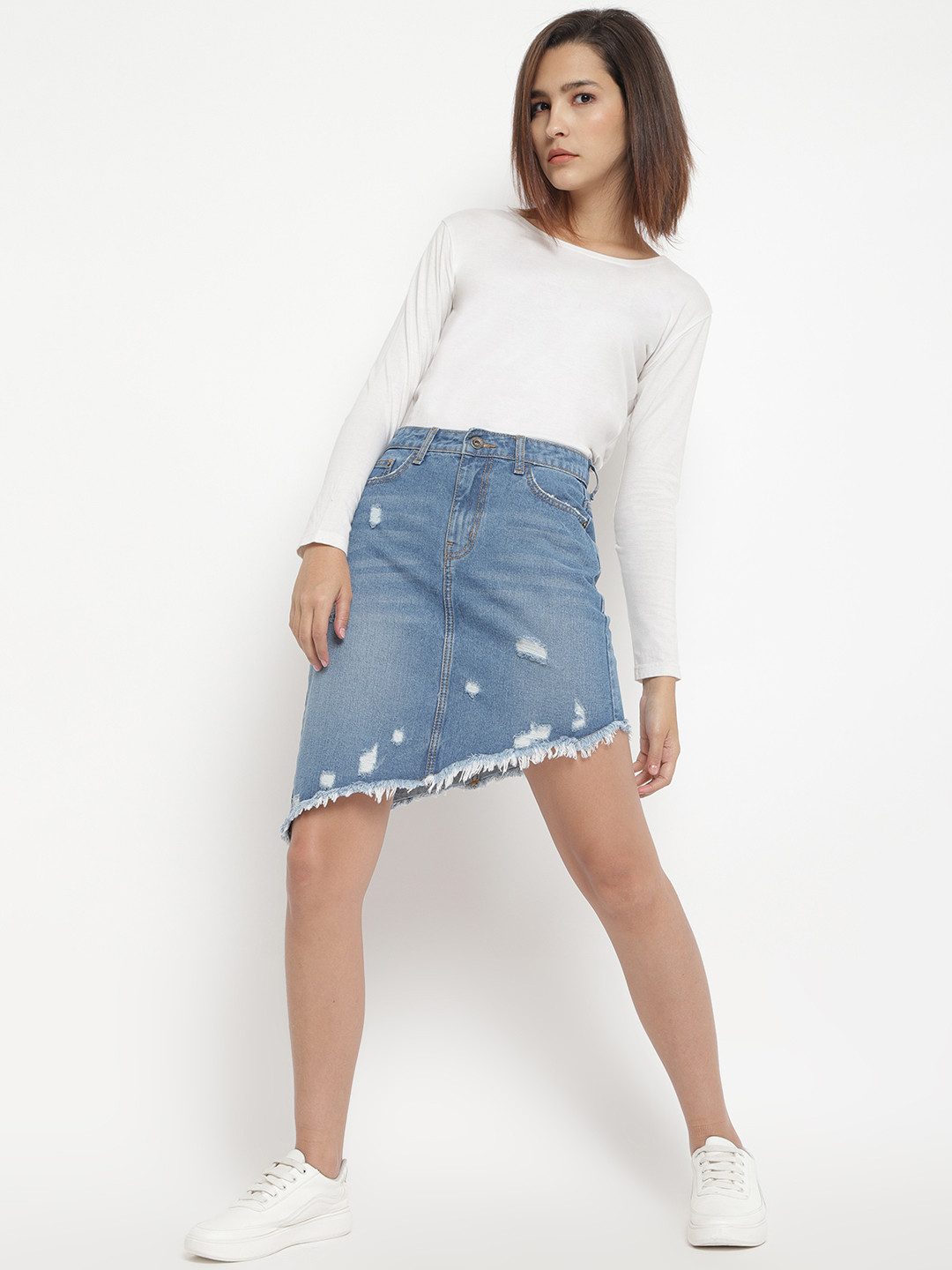 Belliskey Women Blue Distressed Above Knee Asymmetric Denim Skirt