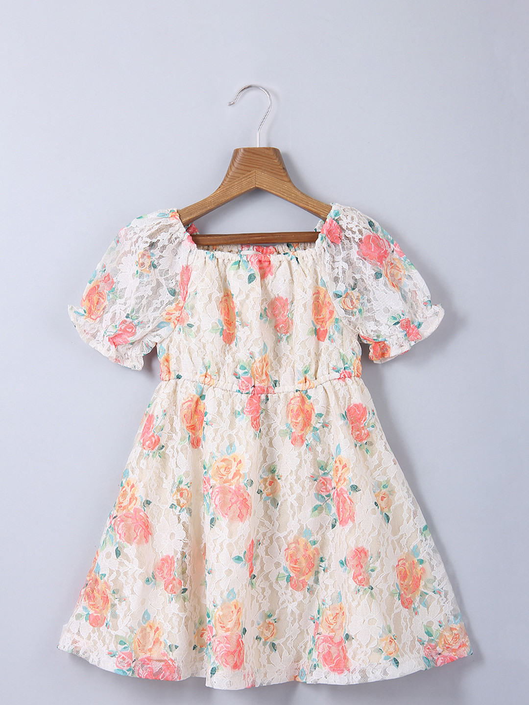 Beebay Girls Cream Coloured And Orange Floral Print Puff Sleeves Lace Dress