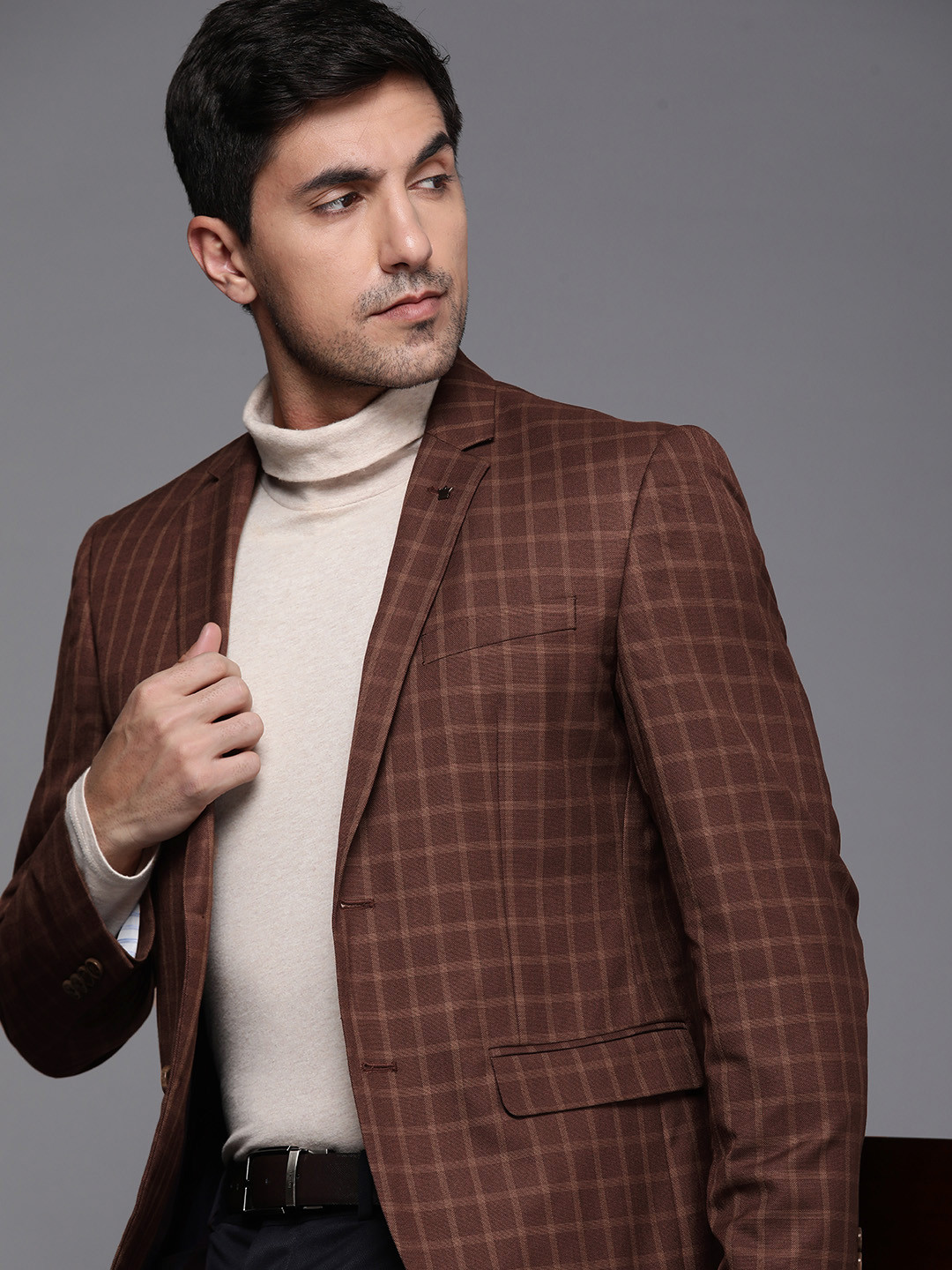 Louis Philippe Men Checked Single-Breasted Long Sleeves Tailored Tweeds Formal Blazer