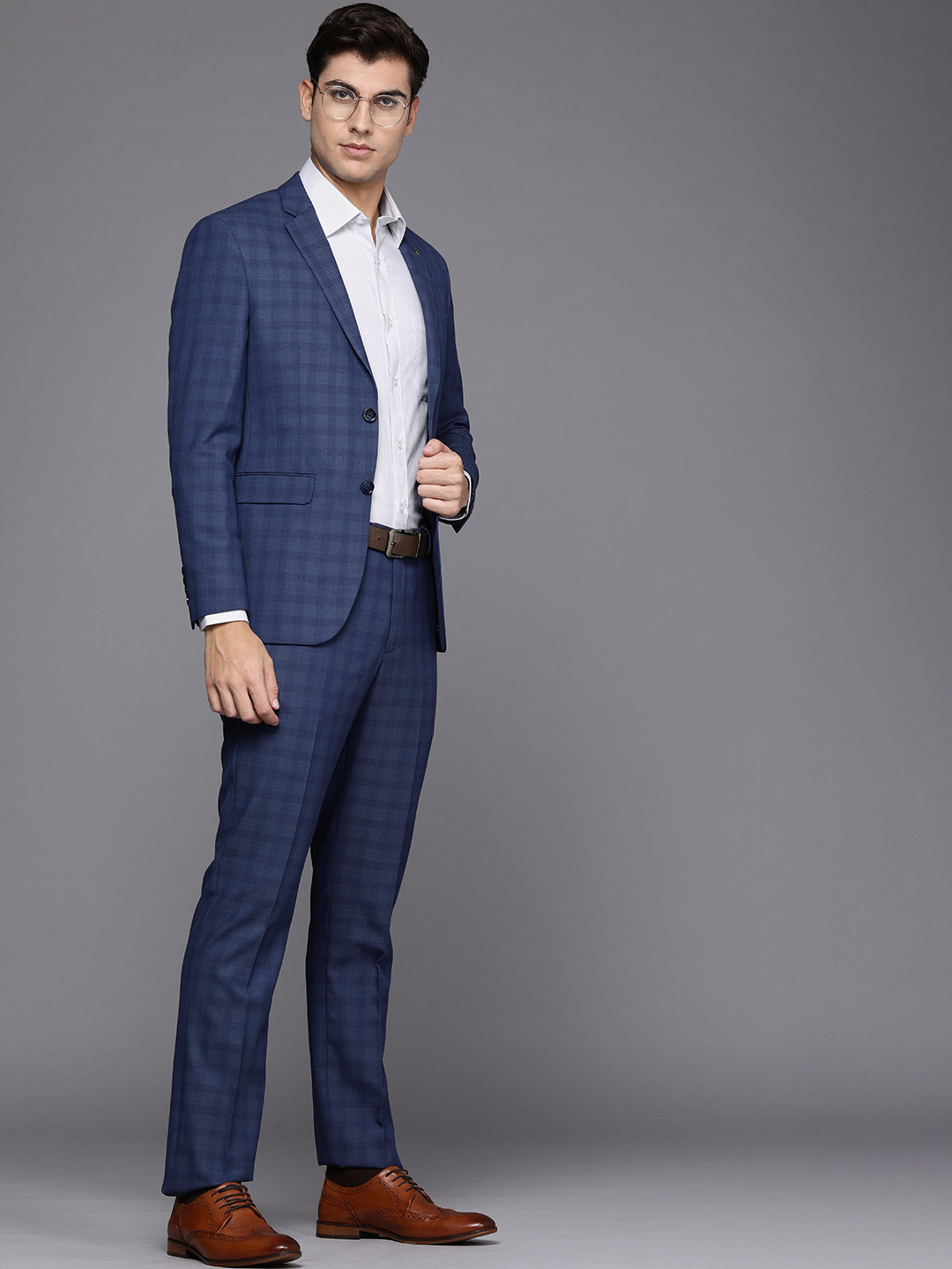 Buy Louis Philippe Men Blue Checked Slim Fit Single Breasted