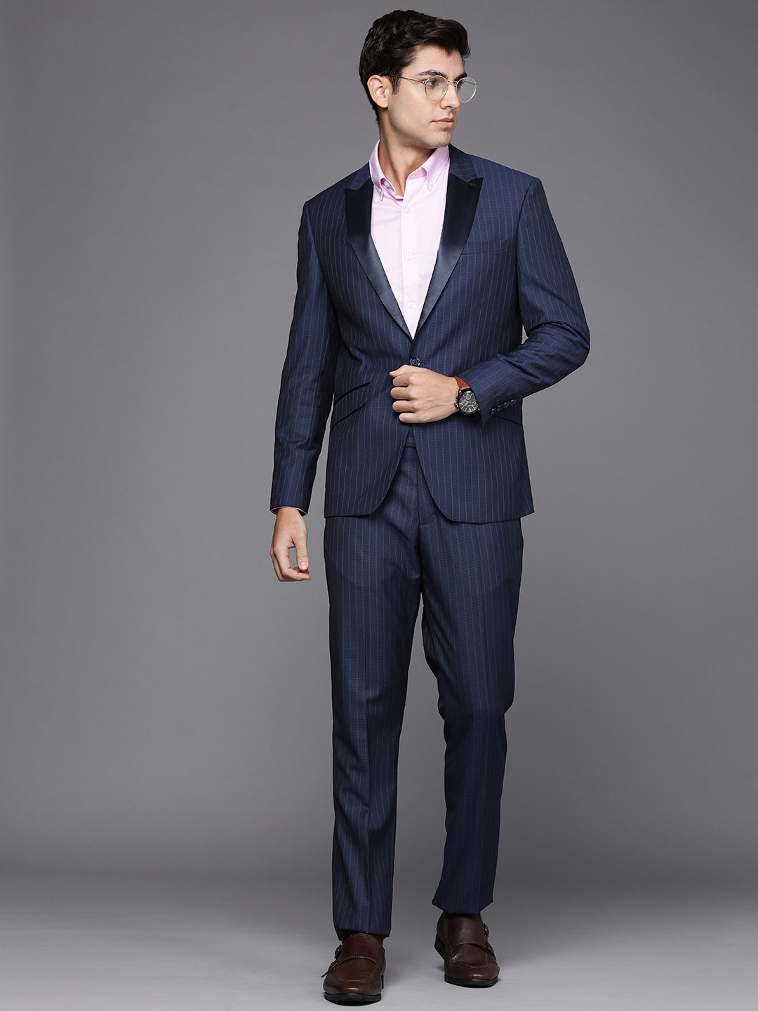 Louis Philippe Men Navy Blue Self-Design Striped Slim-Fit Single-Breasted Formal Suit