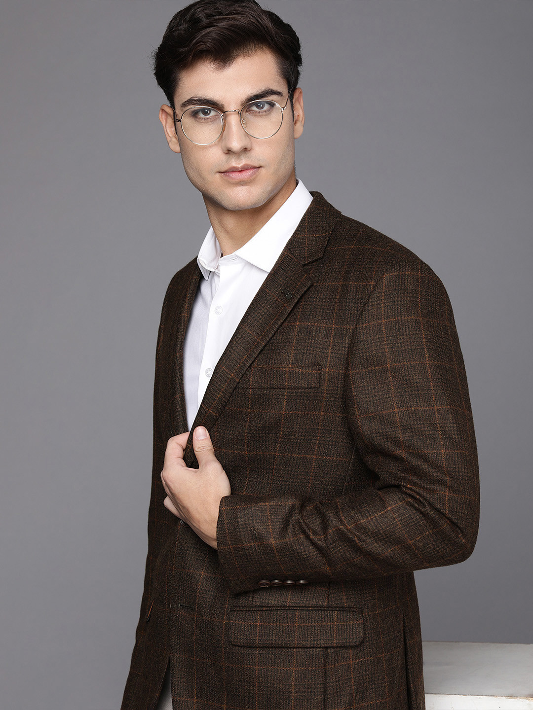 Louis Philippe Brown Checked Single-Breasted Tailored Formal Blazer