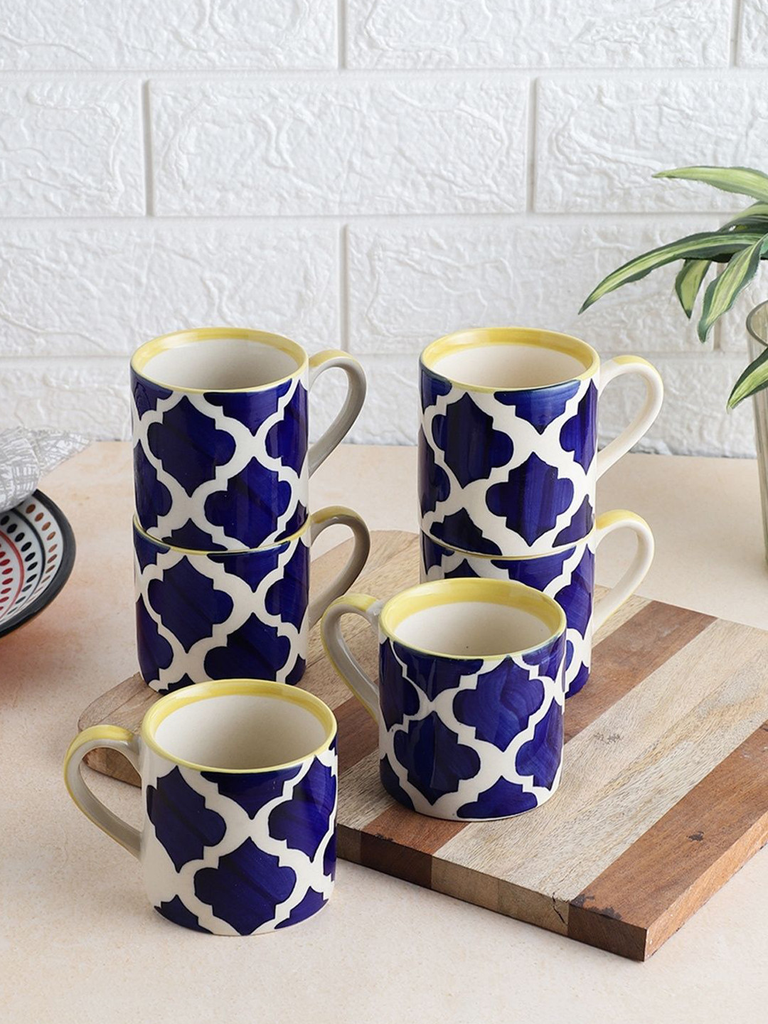 VarEesha Happy Valentine Day Blue Geometric Ceramic Handmade 6 Piece Cups-150ml