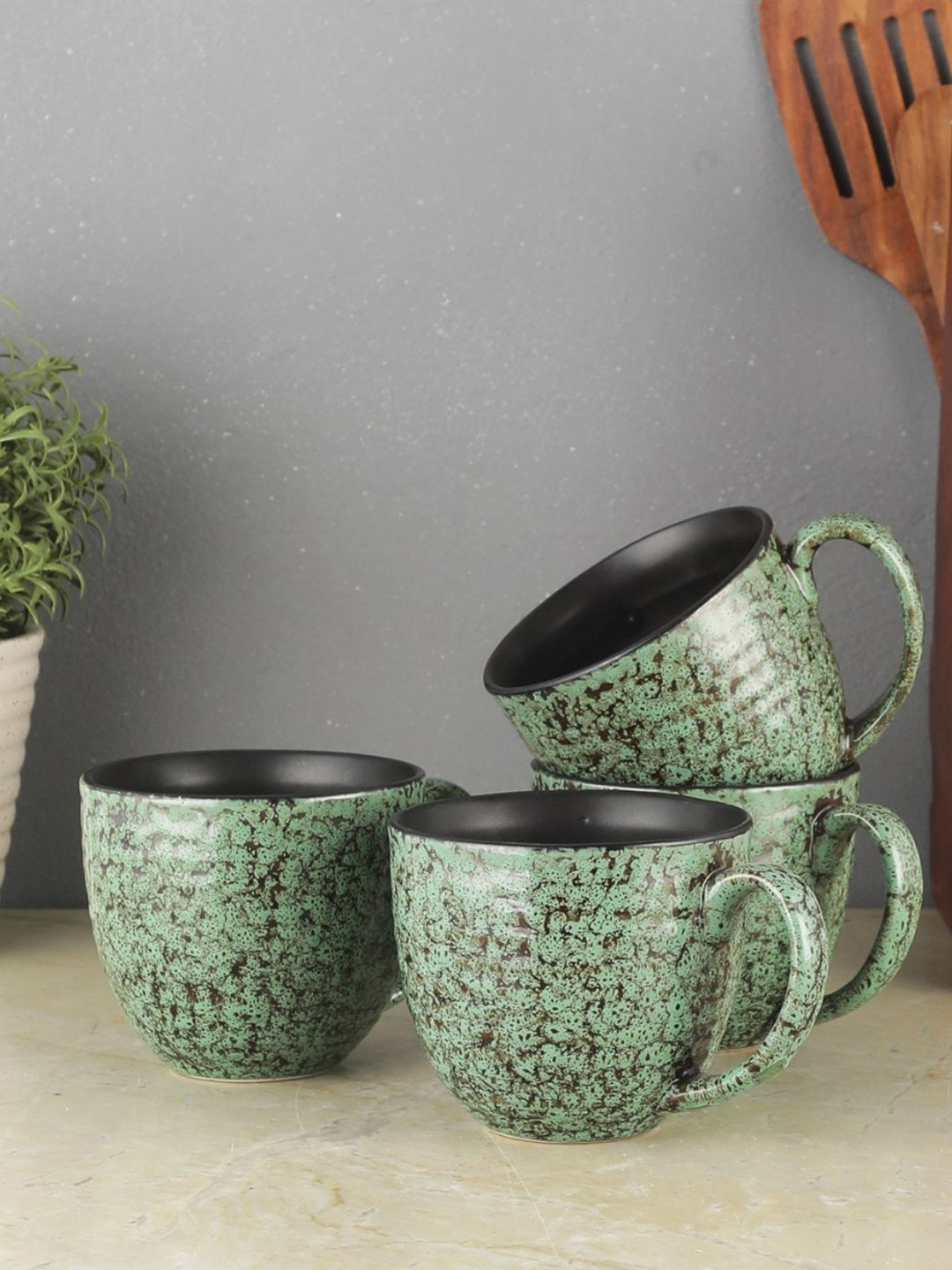 VarEesha Lotus Green Abstract Ceramic Microwave Safe 4 Piece Cups-250ml