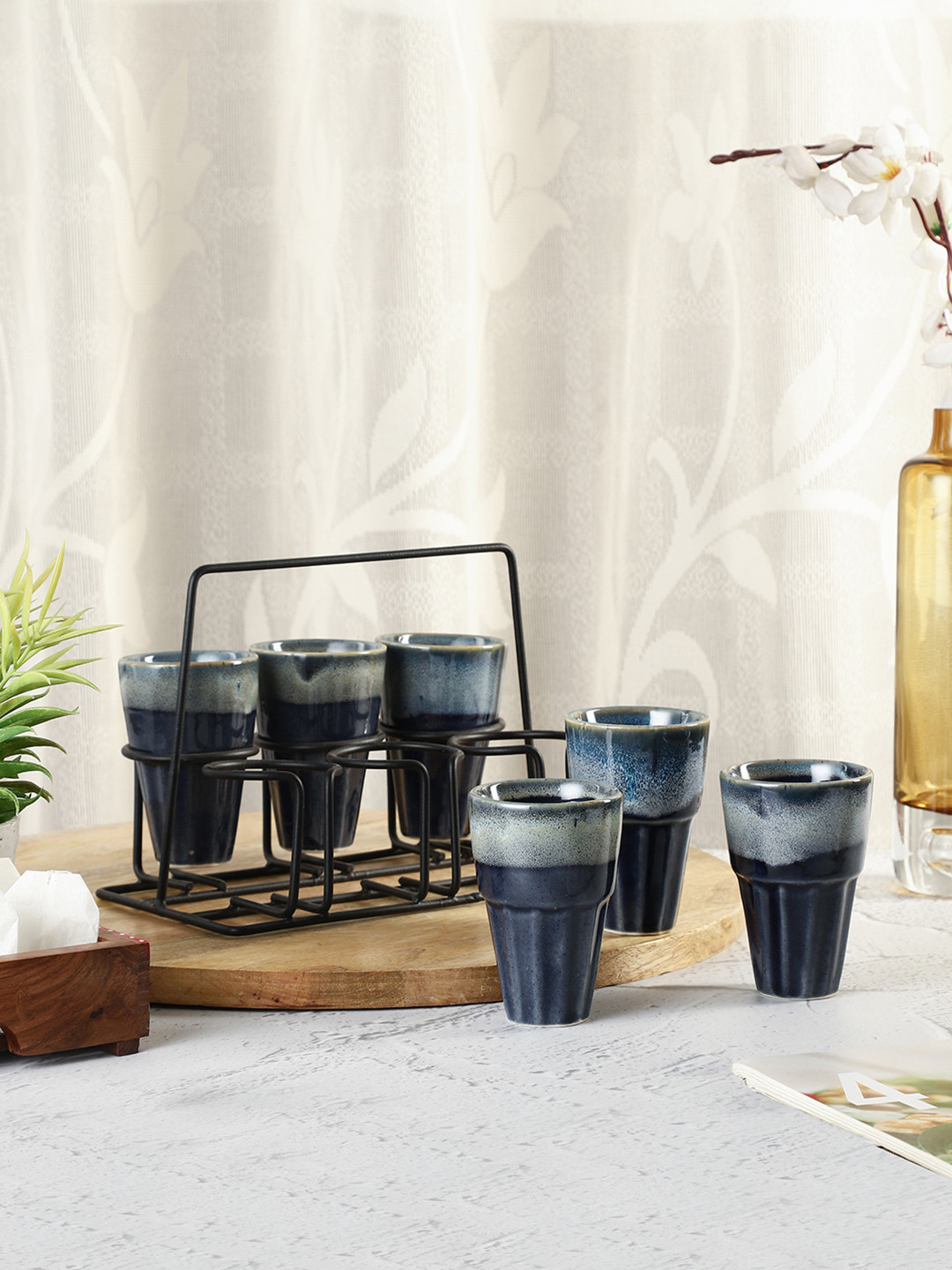 VarEesha Blue Checkered Ceramic Microwave Safe 6 Piece Tea Glass with Stand-130ml