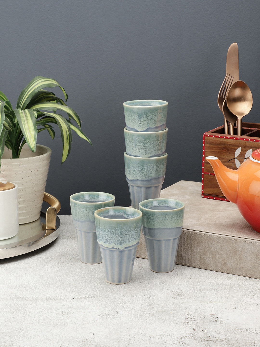 VarEesha My Daddy Is My Super Hero Quote Green Striped Ceramic Handmade 6 Piece Cups-130ml