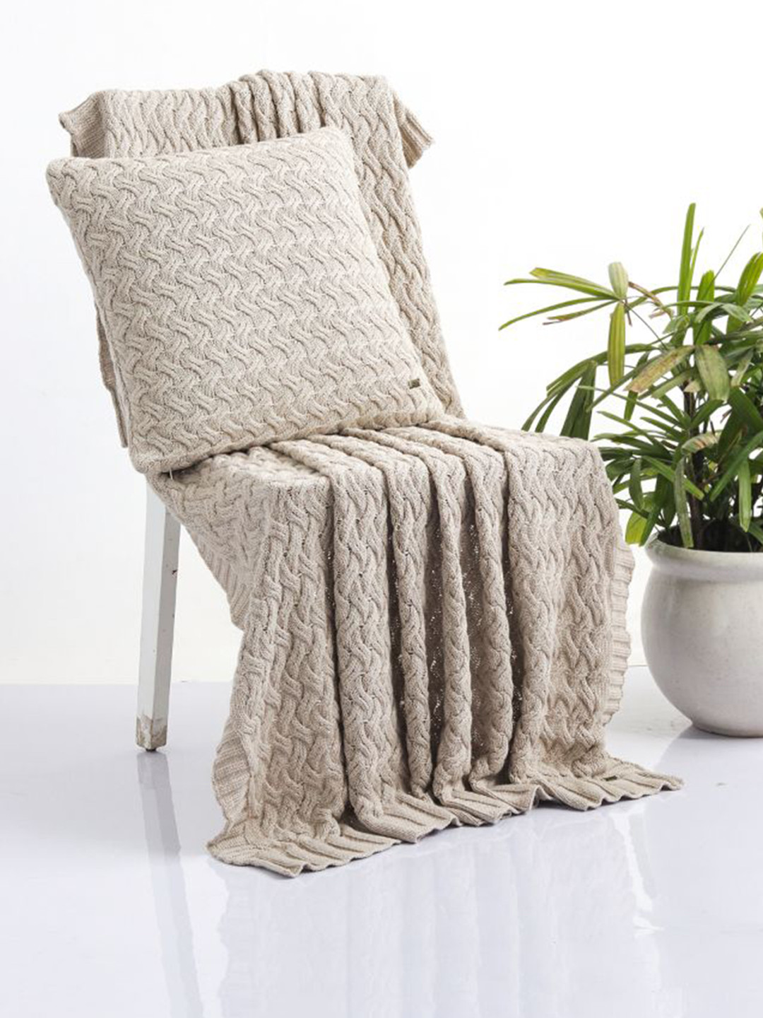 Pluchi Beige Self Design Pure Cotton Knitted AC Throw Blanket
