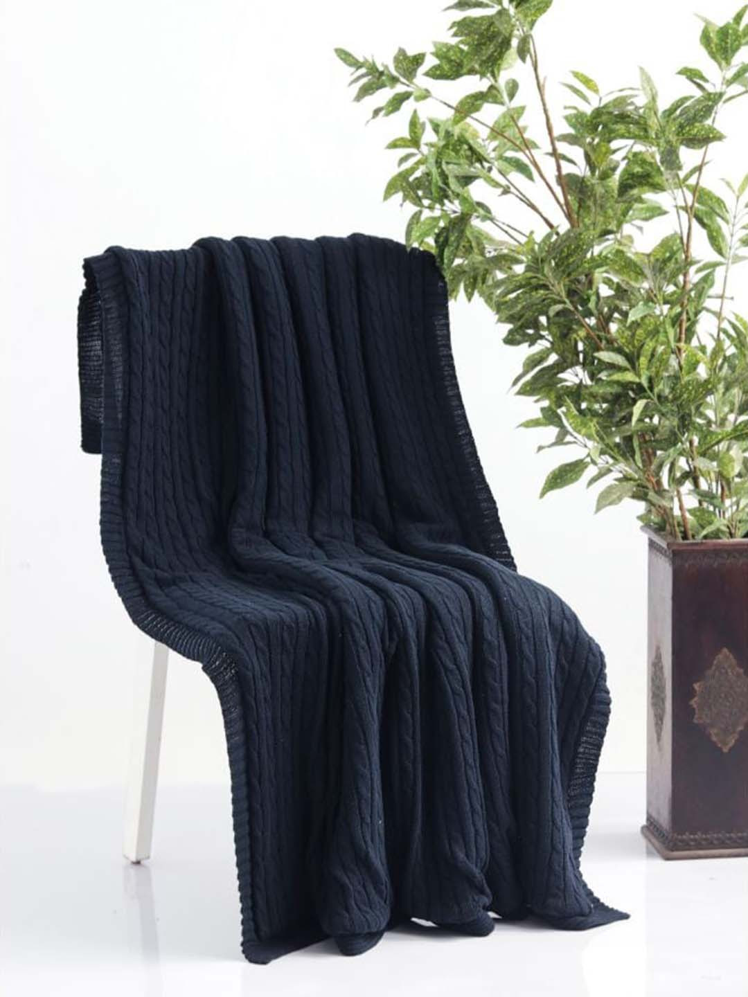 Pluchi Navy Blue Knitted Cotton AC Throw Blanket