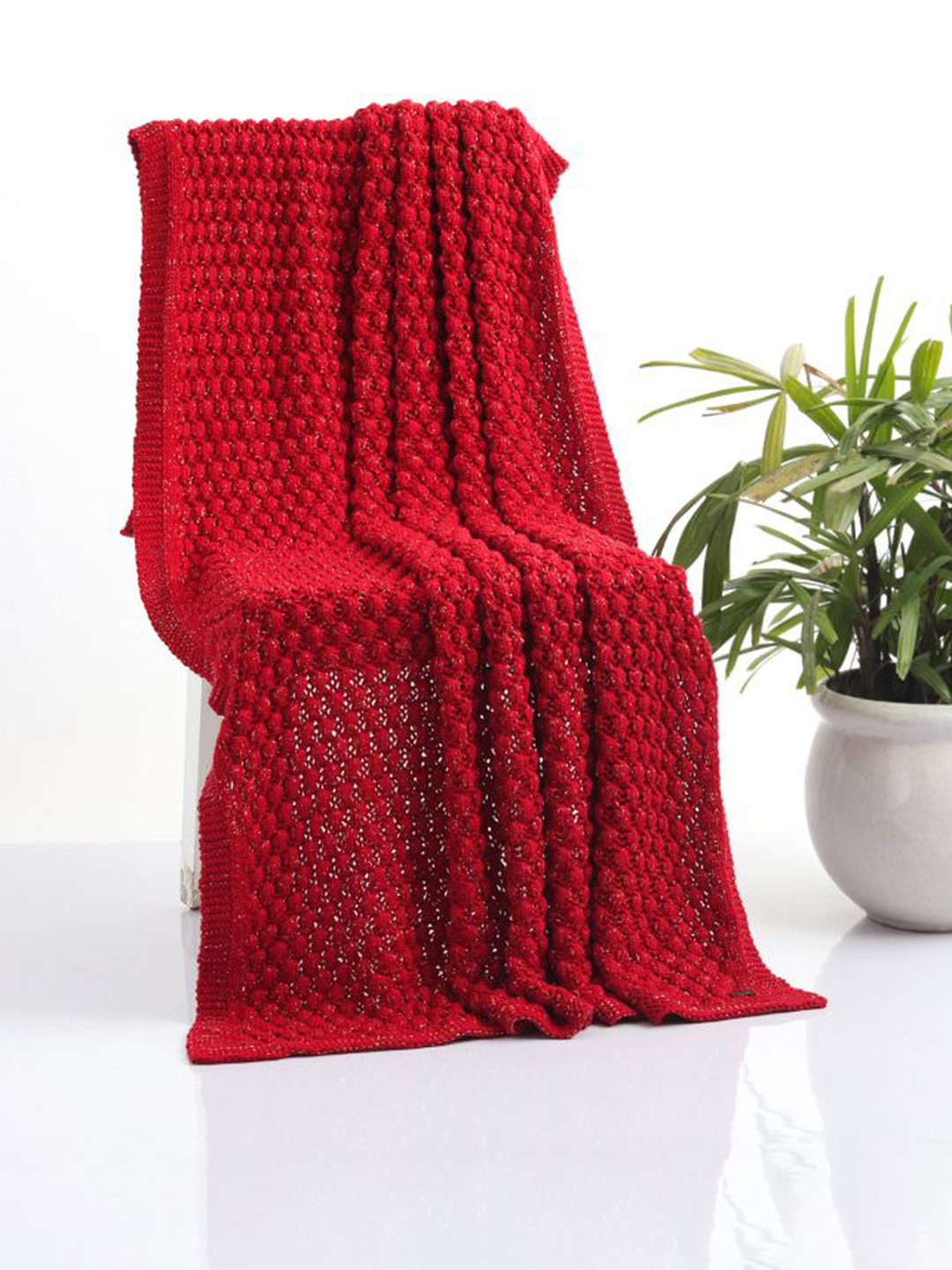 Pluchi Red Textured Pure Cotton Knitted Throws