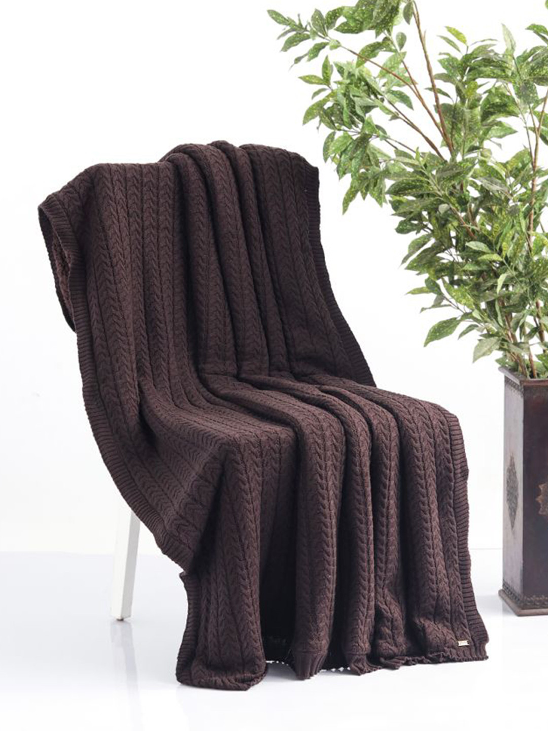 Pluchi Brown Self Design Combed Cotton Knitted AC Throw Blanket