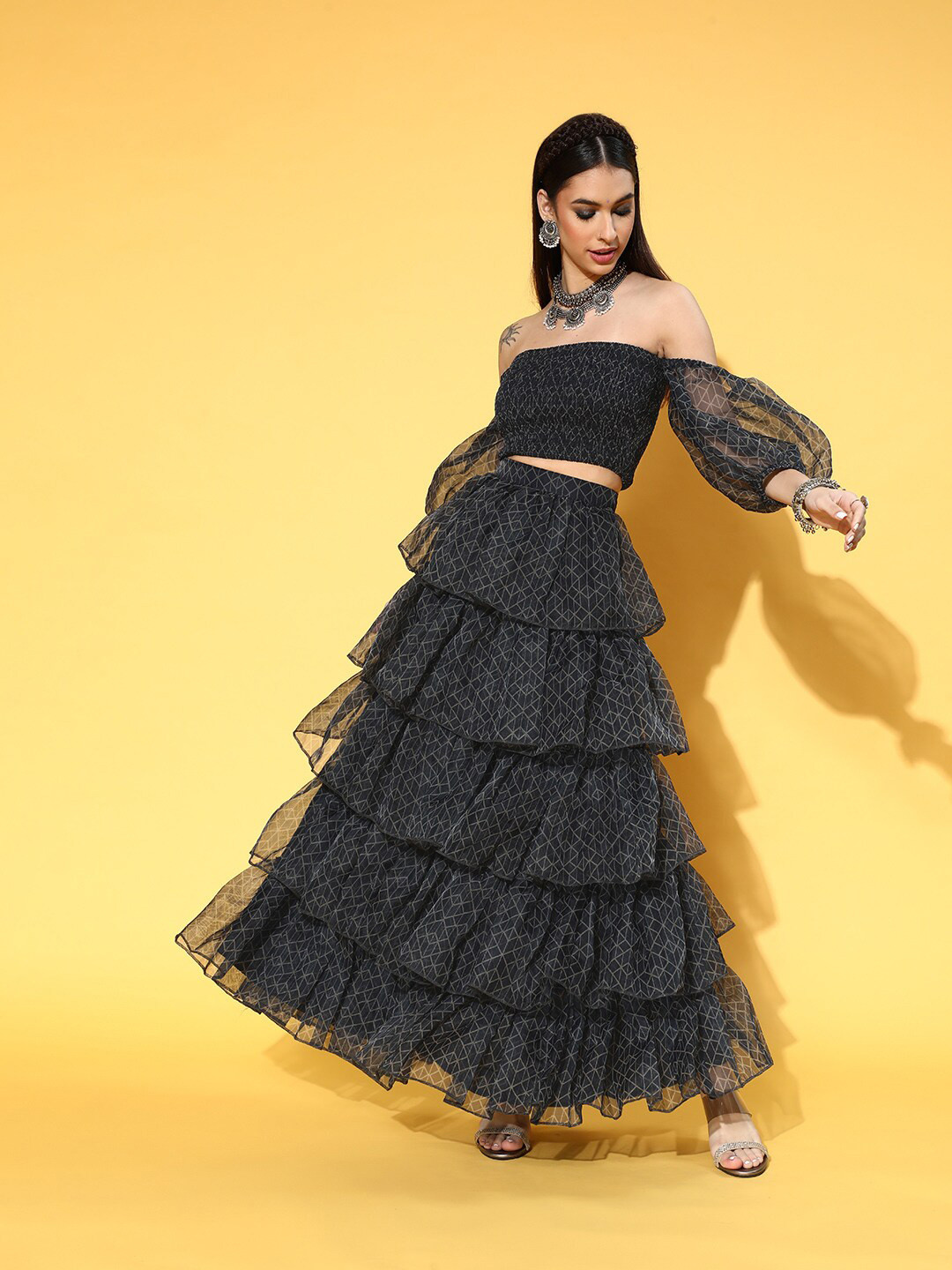 anayna Blue Geometric Print Organza Tiered Lehenga And Off Shoulder Smoked Crop Top