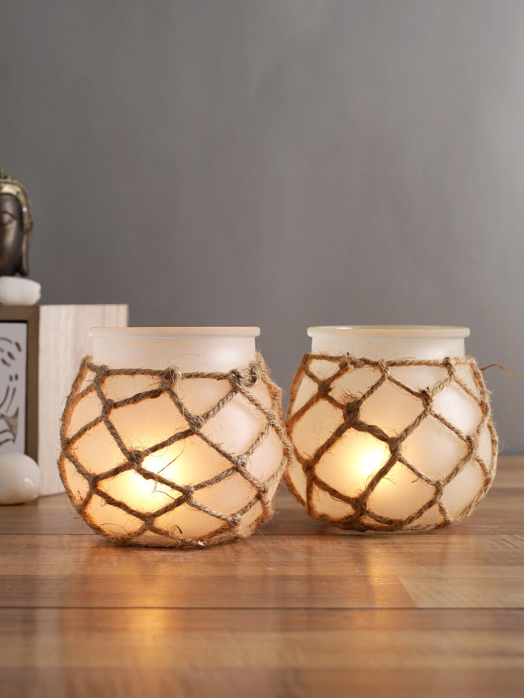 Aapno Rajasthan Set Of 2 White Solid Pot Shaped Tealight Candle Holder