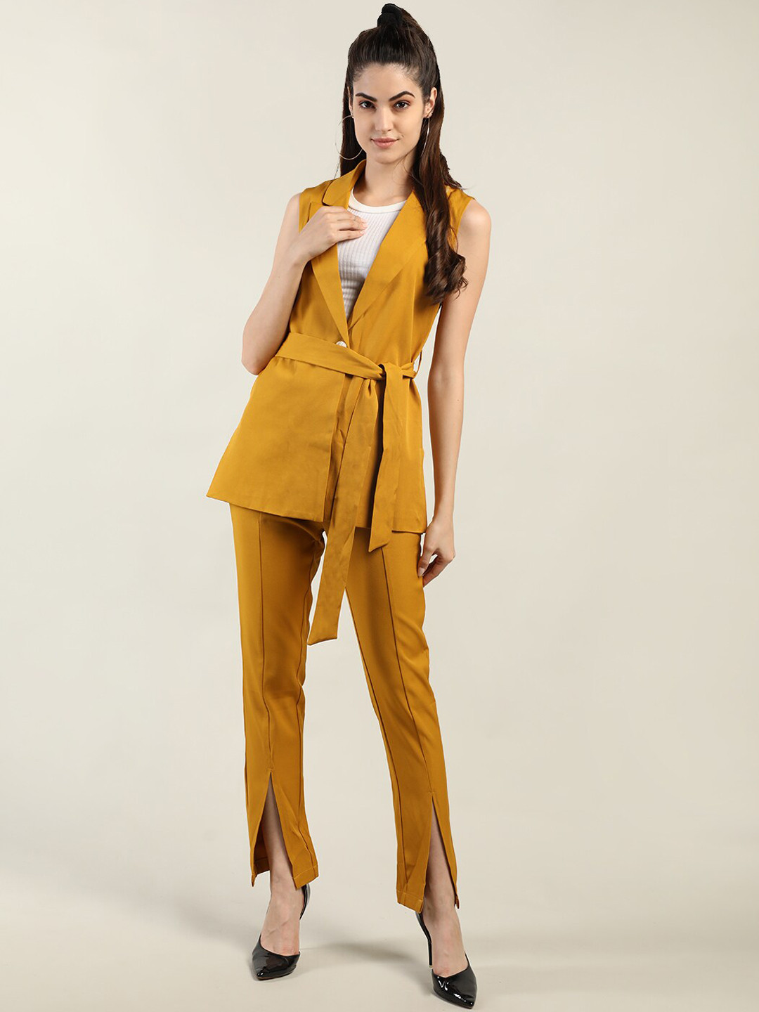 Dlanxa Women Mustard Yellow Solid Single Breasted Suits