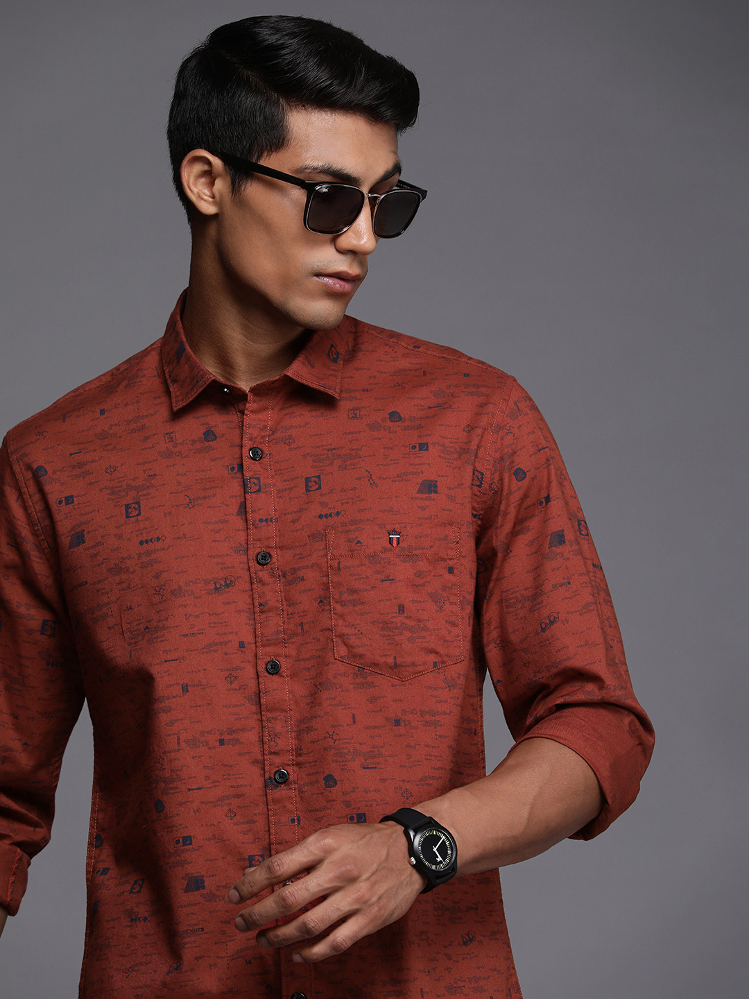 Louis Philippe Jeans Men Brown & Navy Blue Slim Fit Printed Pure Cotton Casual Shirt