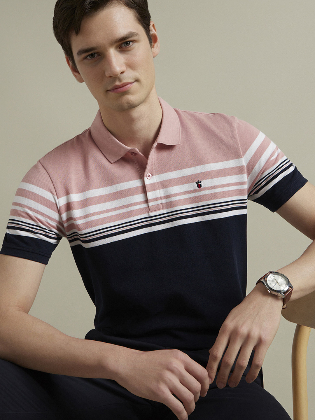 Louis Philippe Sport Men Pink & Navy Blue Striped Polo Collar T-shirt