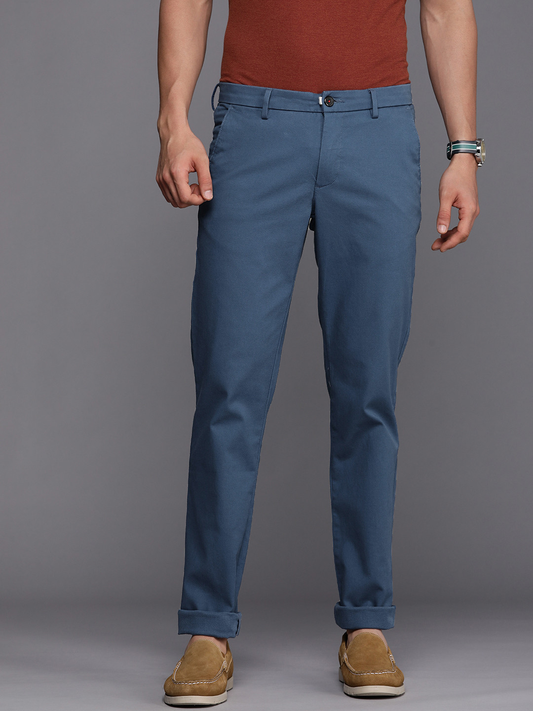 Louis Philippe Sport Men Navy Blue Textured Comfort Slim Fit Low-Rise Trousers