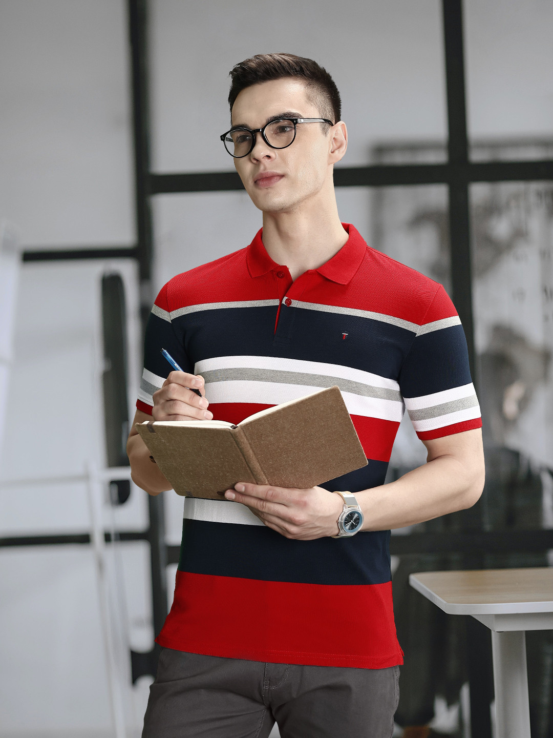 Louis Philippe Sport Men Red & White Striped Polo Collar T-shirt