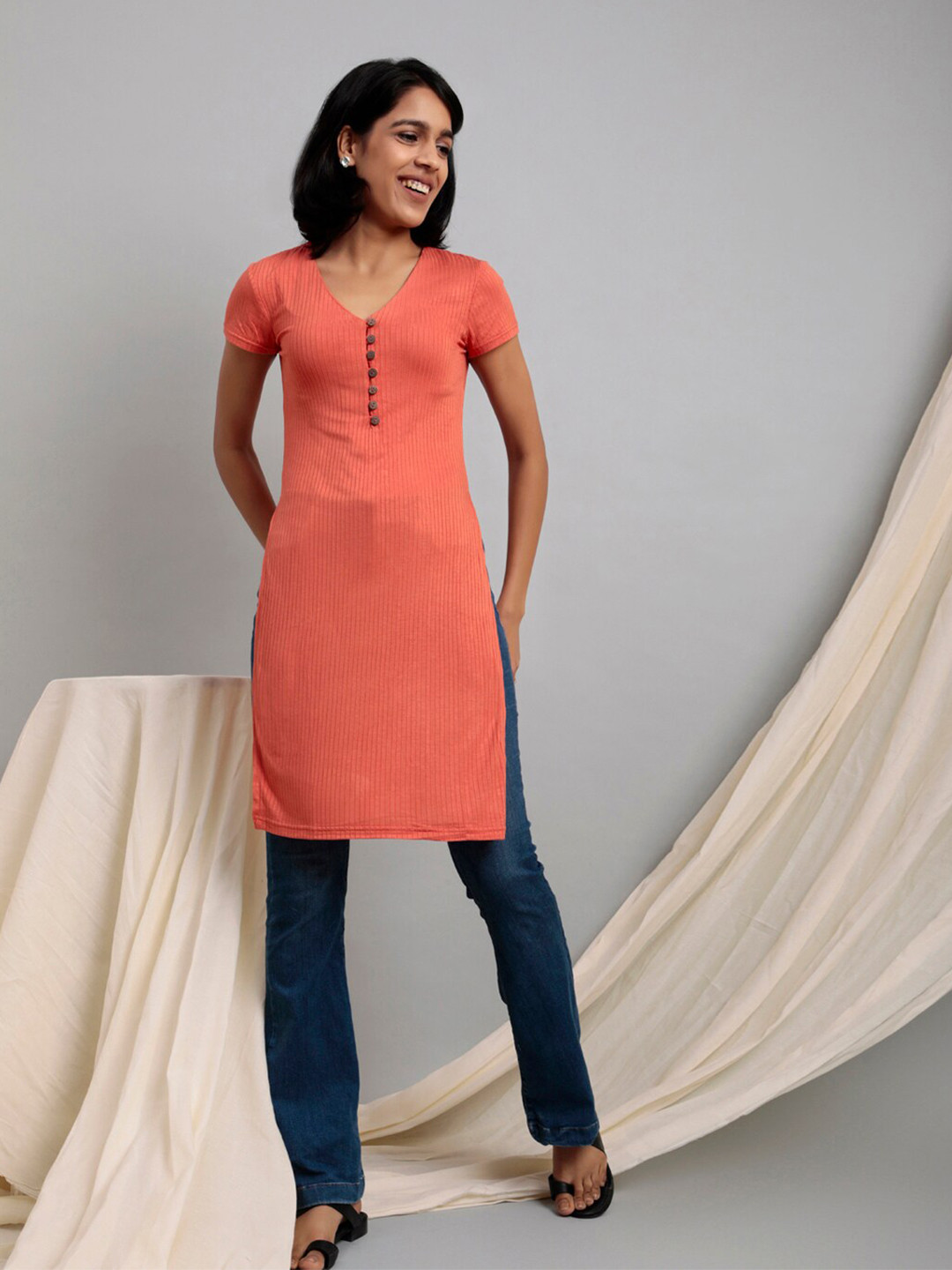 Lake Peace Women Coral V-Neck Pure Cotton Kurti