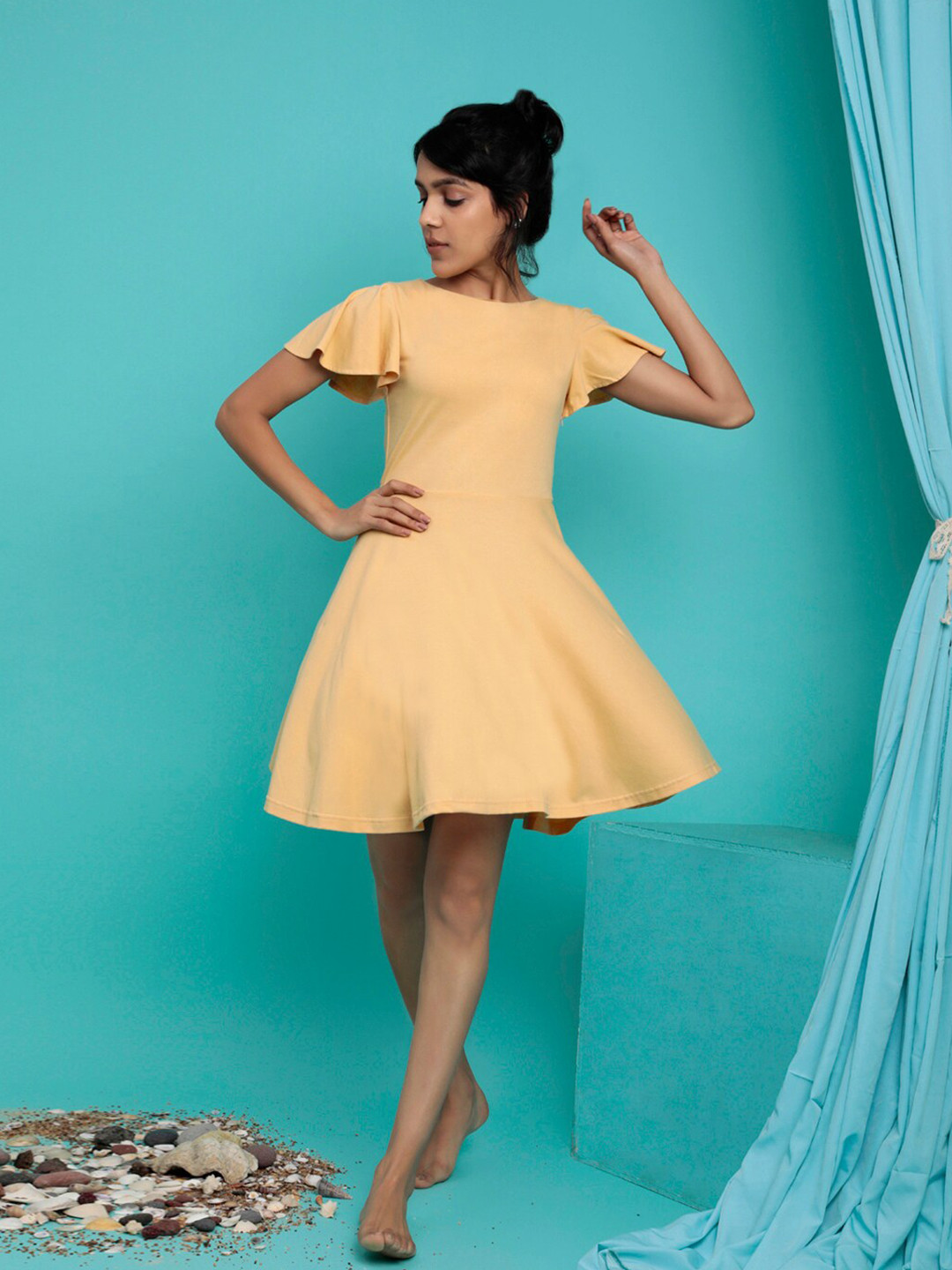 Lake Peace Women Yellow Solid Organic Cotton Flared Sleeves Fit And Flare Mini Dress