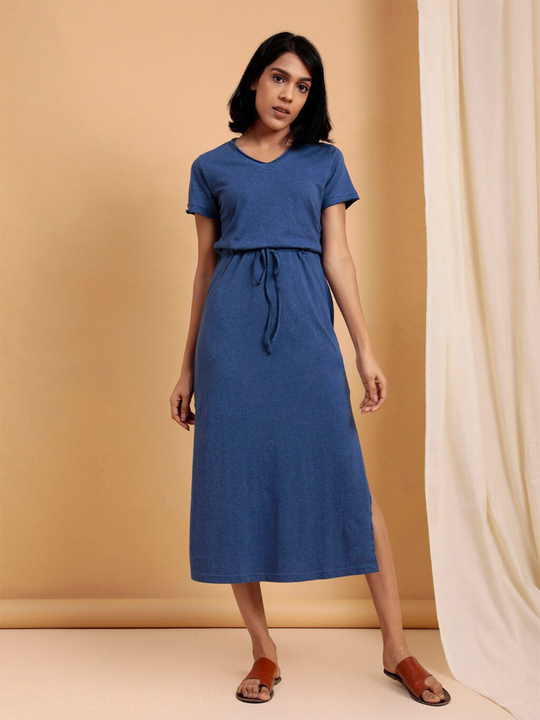 Lake Peace Women Blue Solid Organic Cotton Short Sleeves Midi A Line Dress