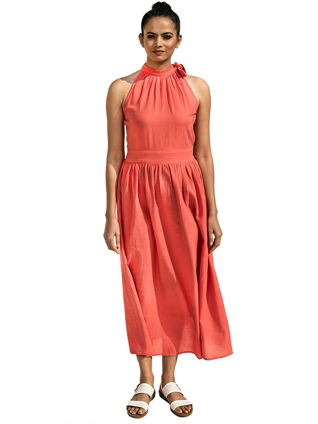 Lake Peace Women Coral Solid Tie Up Neck Pure Cotton Fit And Flare Midi Dress