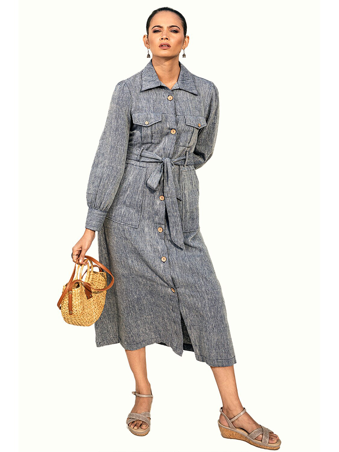 Lake Peace Women Blue Solid Pocket Detail Fabric Detail Pure Cotton Midi Shirt Dress