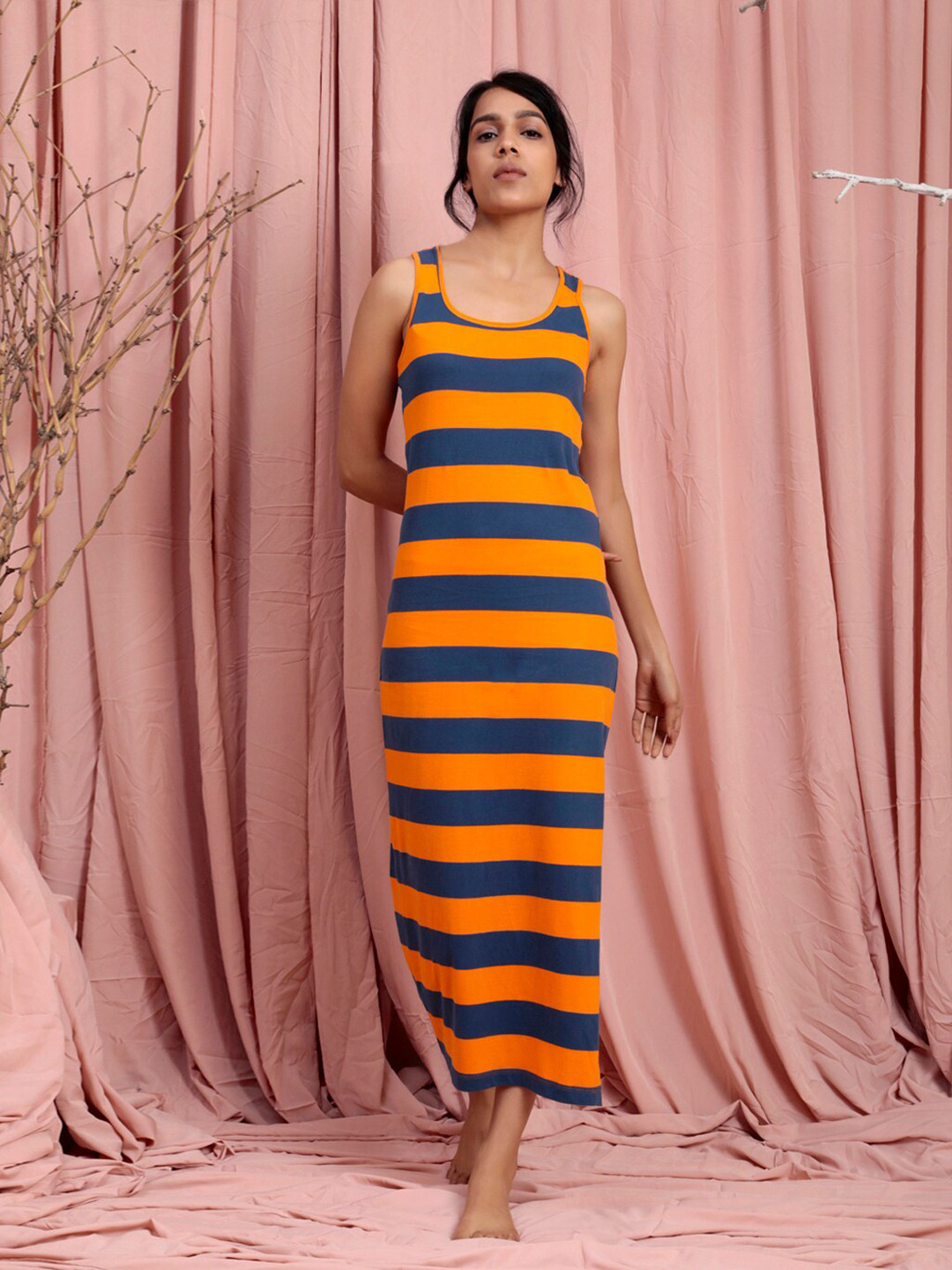 Lake Peace Orange Striped Organic Cotton Maxi Dress