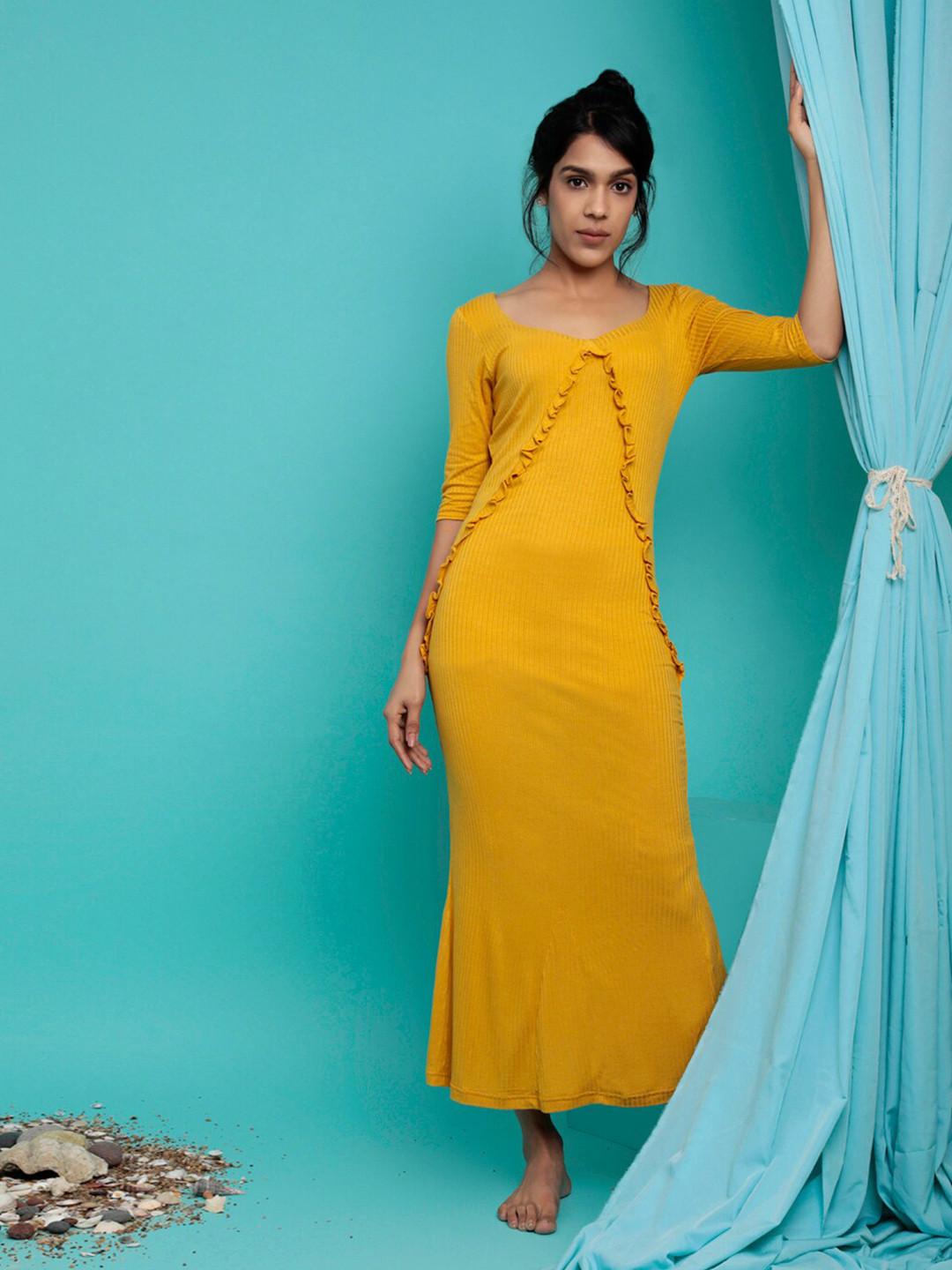 Lake Peace Mustard Yellow Striped Pure Cotton Bodycon Midi Dress