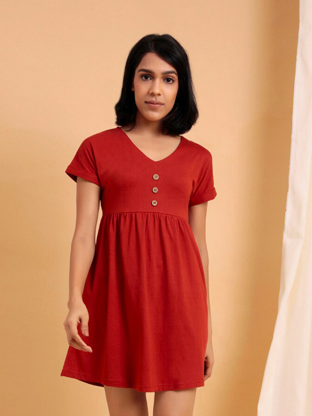 Lake Peace Rust Red Solid Pure Cotton Dress