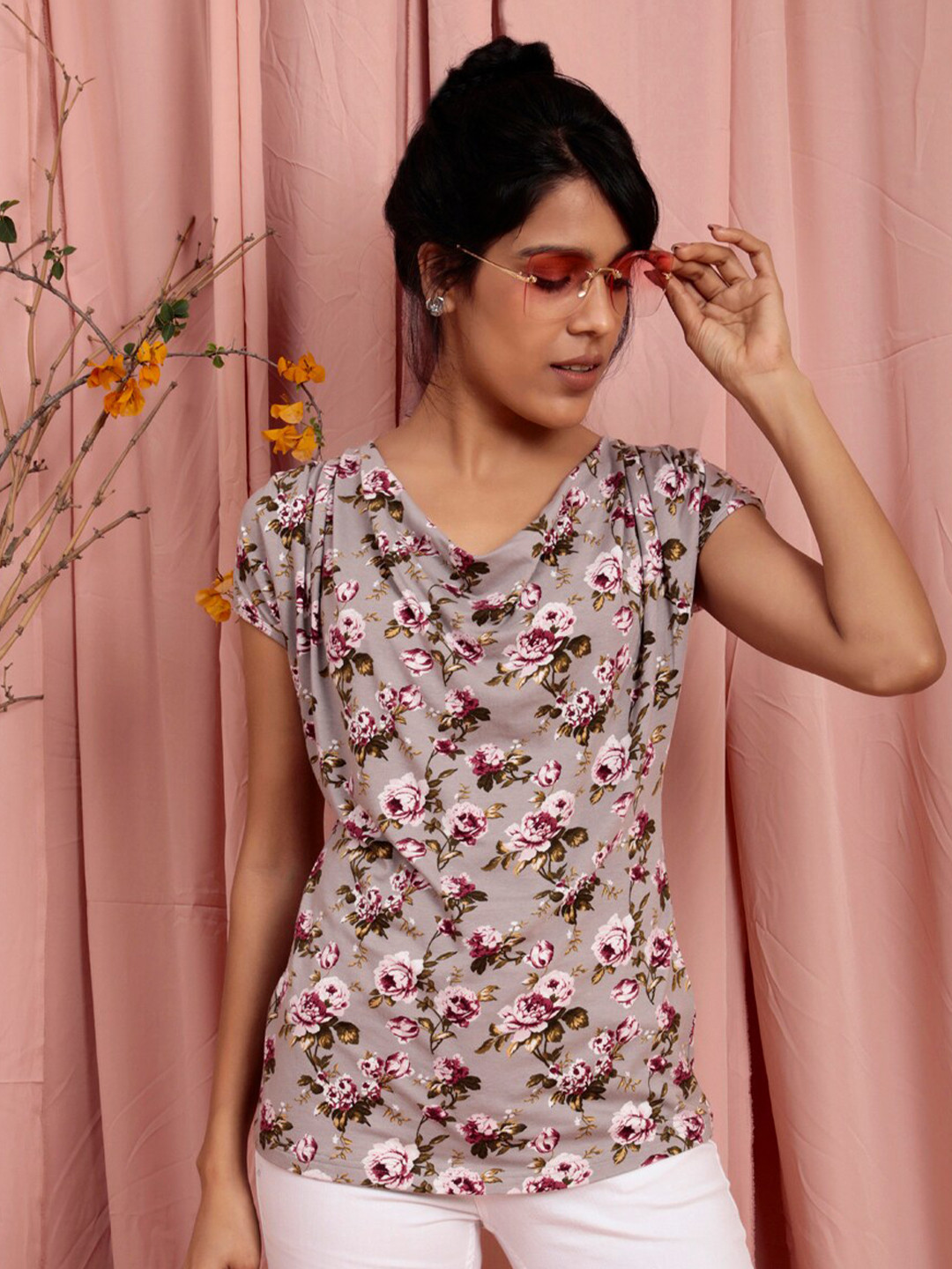 Lake Peace Grey Floral Print Extended Sleeves Organic Cotton Top