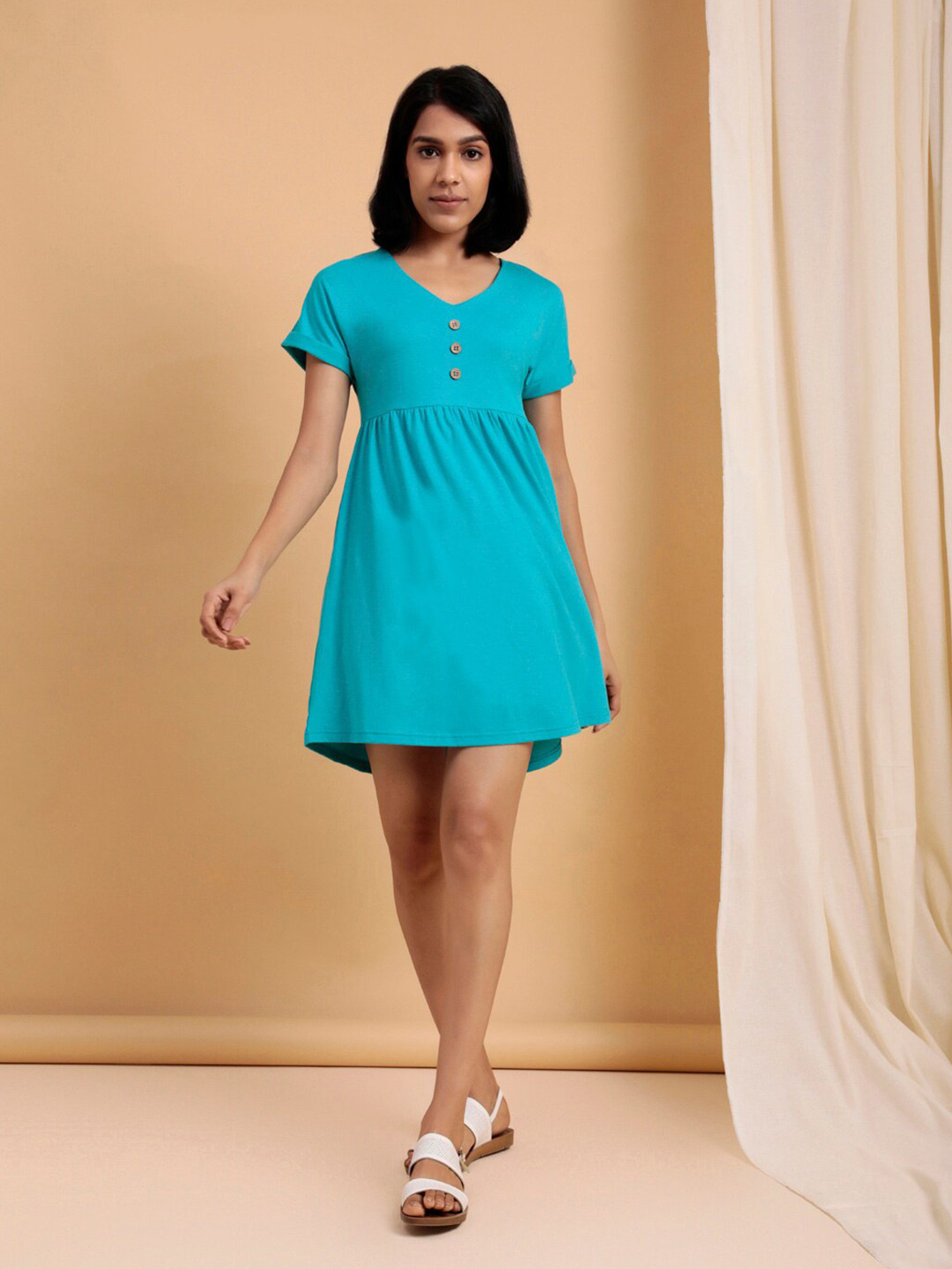 Lake Peace Turquoise Blue Solid Pure Cotton Dress