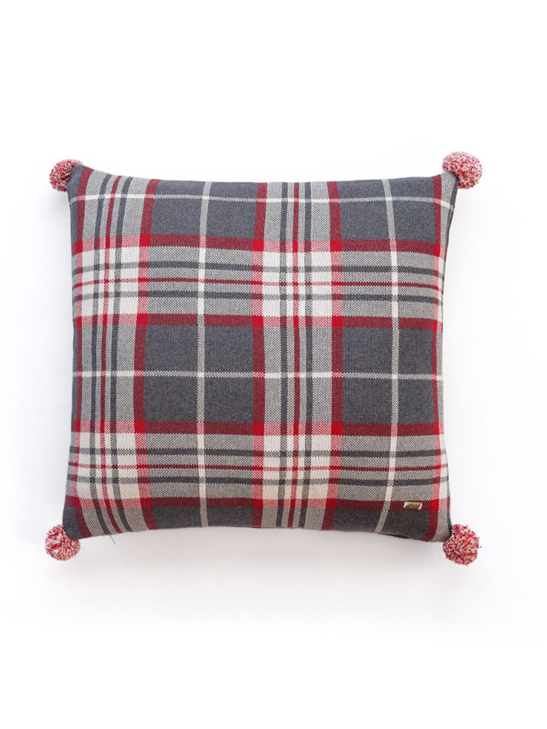 Pluchi Red & Grey Checked Square Pure Cotton Knitted Cushion Cover