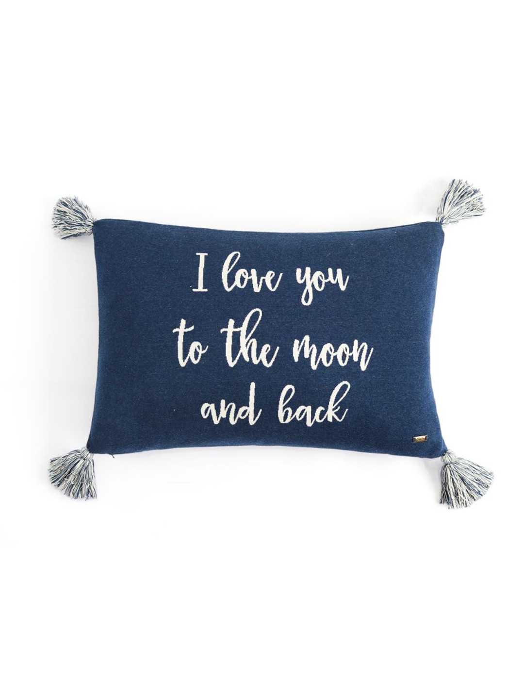Pluchi Navy Blue & White Printed Rectangle Pure Cotton Knitted Cushion Cover with Tassels