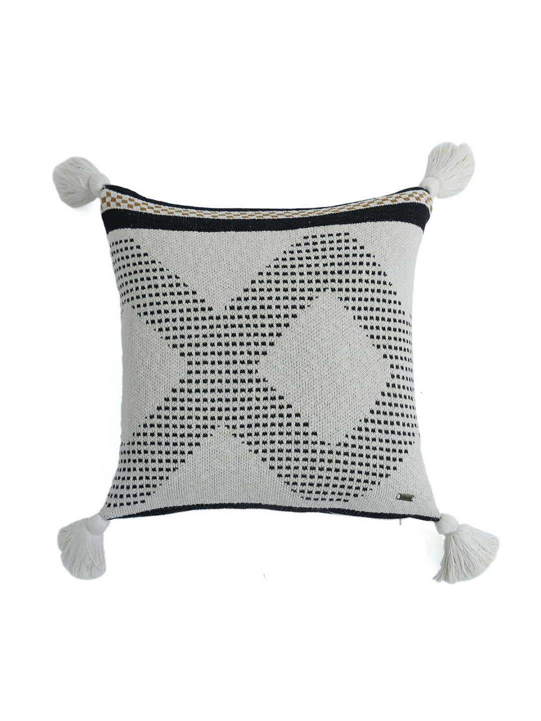 Pluchi Black & Off White Self Design Square Cotton Knitted Cushion Cover with Tassels