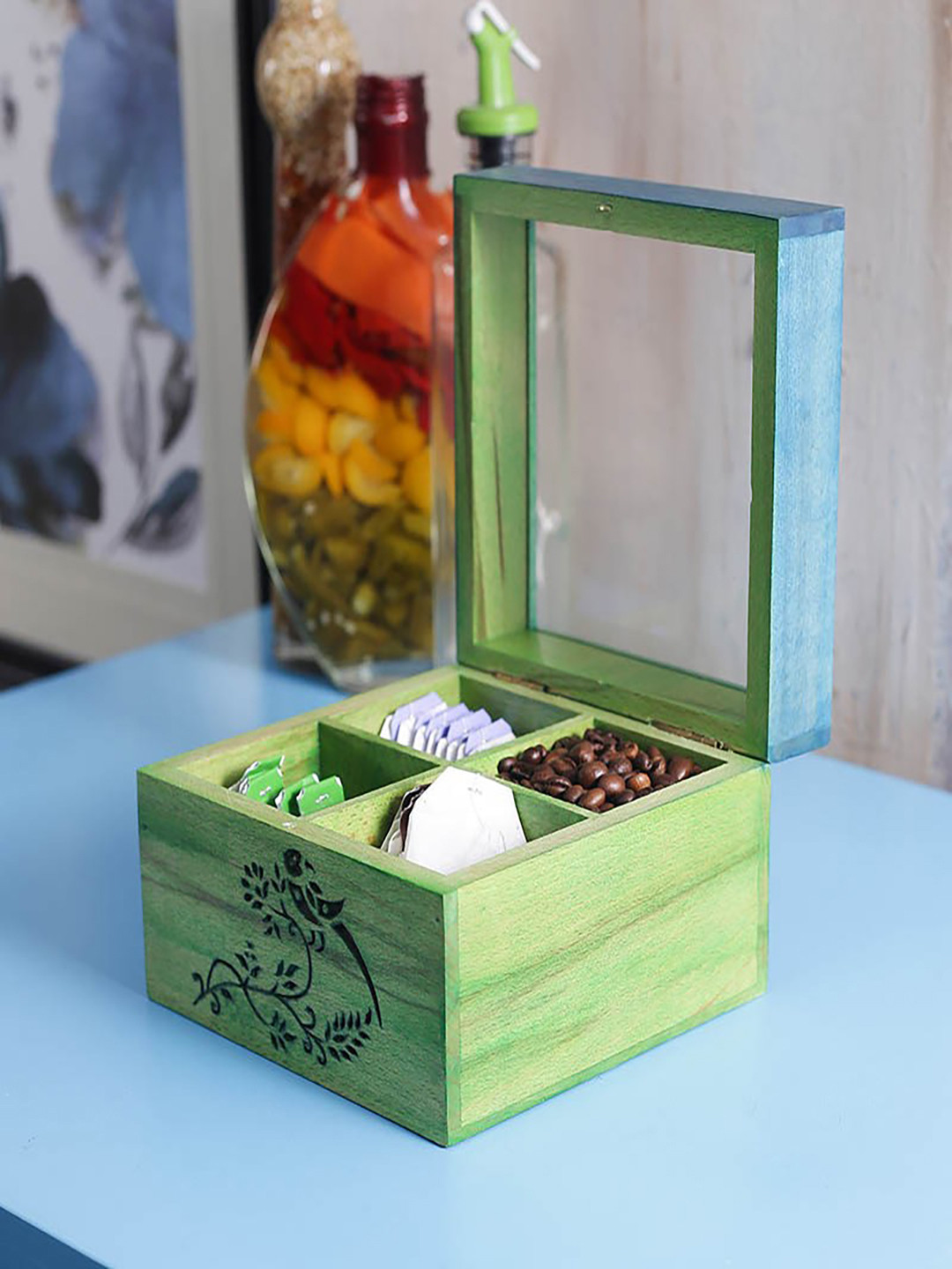 Unravel India Green & Blue Handcrafted Wooden Utility/Tea Box