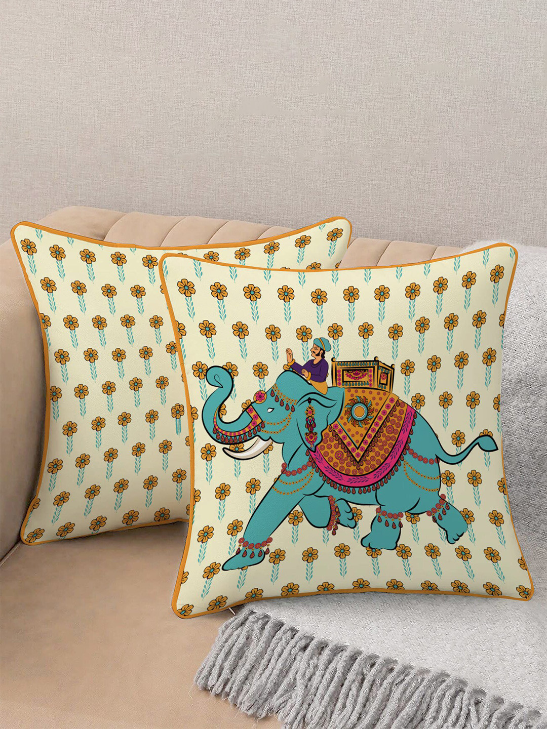 STITCHNEST Elephant Blue Graphic Cotton Durable 2 Pcs Square Cushion Covers - 24 x 24 In