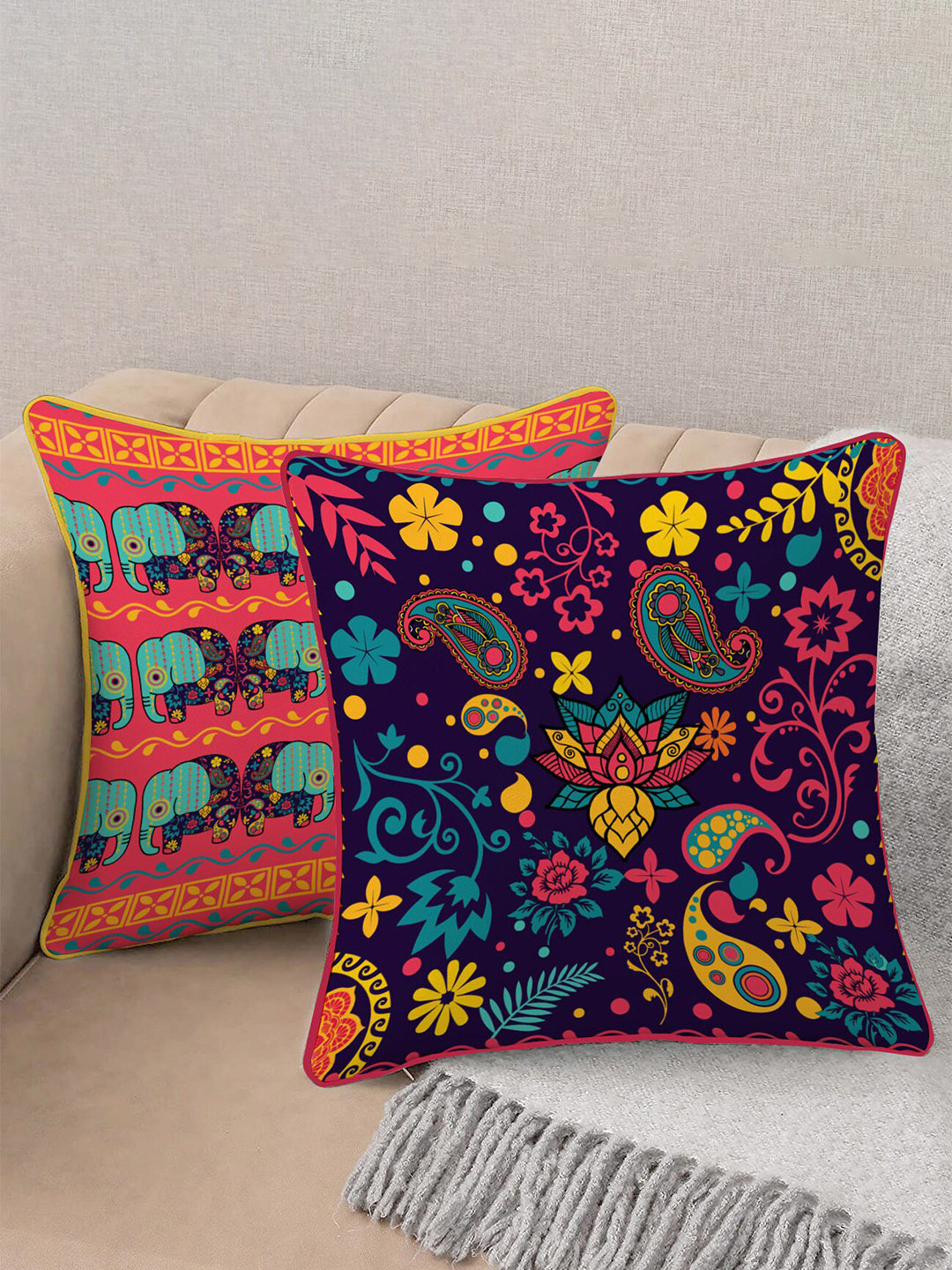 STITCHNEST Blue Ethnic Motifs Velvet 2 Pcs Patchwork Square Cushion Covers -16x16In
