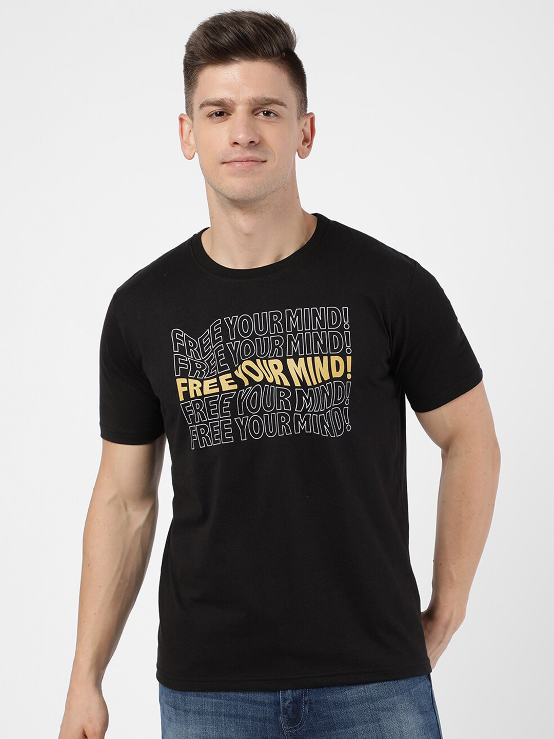 R&B Men Black Typography Printed Round Neck T-shirt