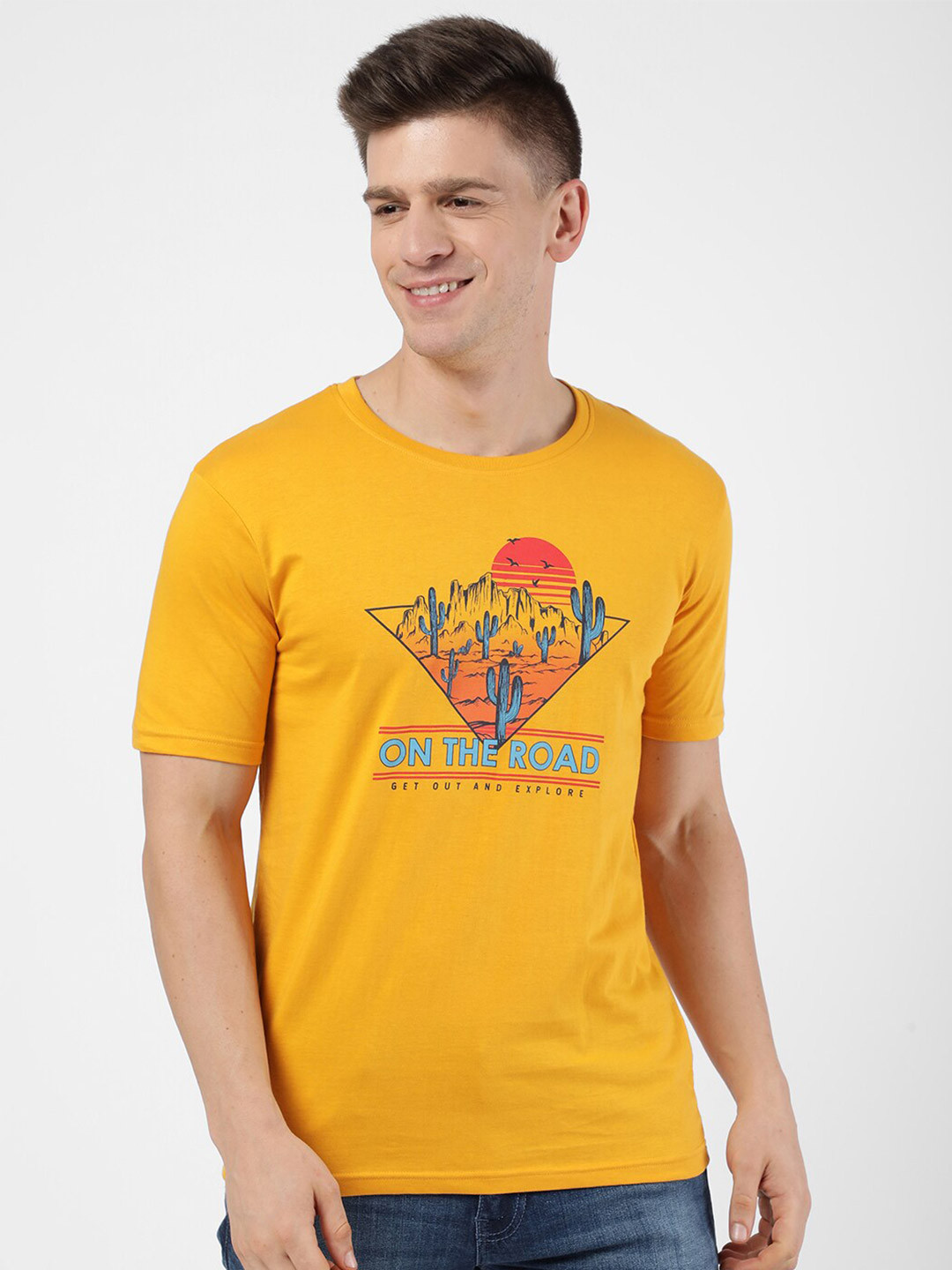 R&B Men Yellow & Blue Printed T-shirt