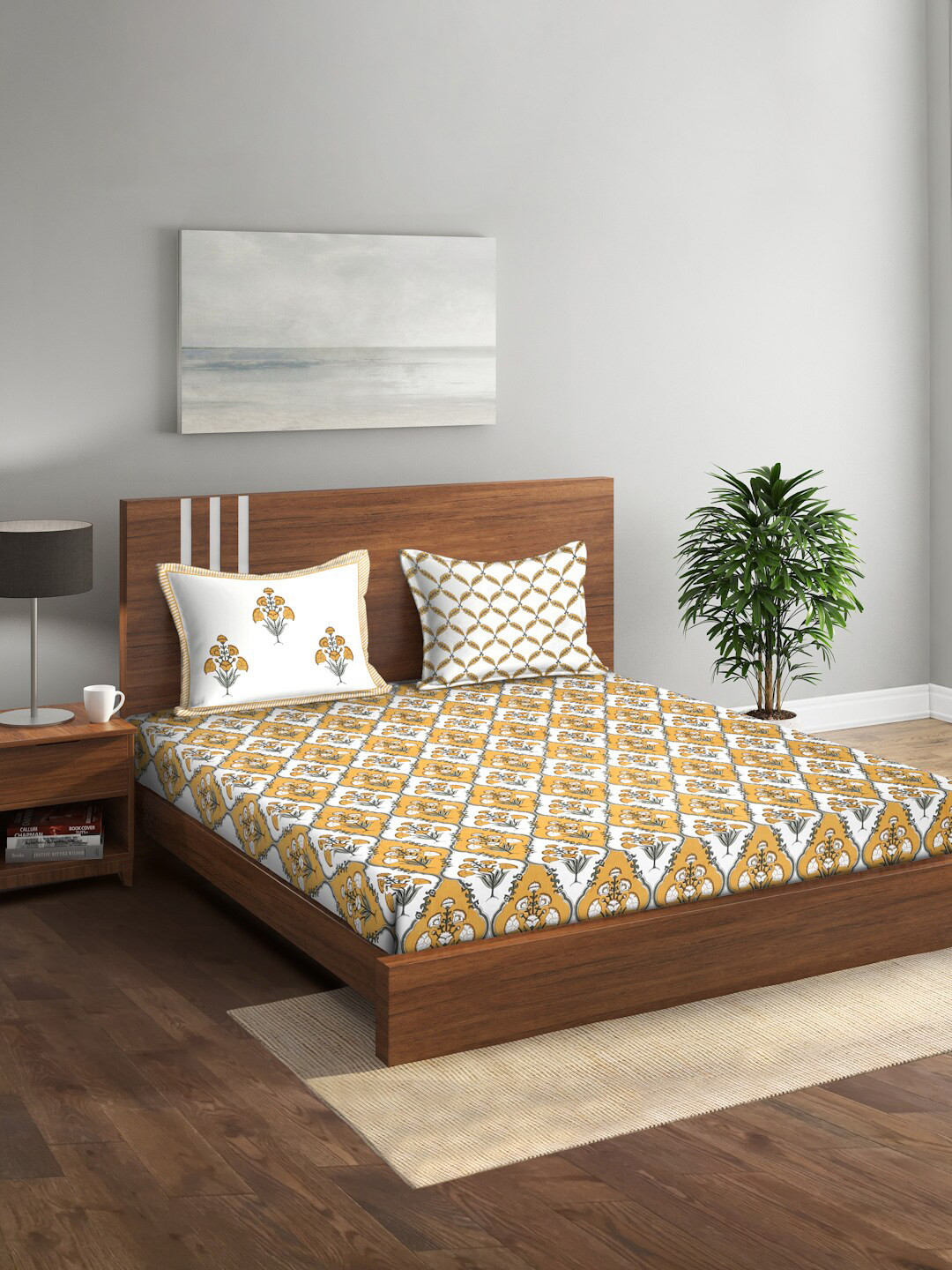 Rajasthan Decor Festive Jaipur White Floral Cotton 144 TC King Bedsheet with 2 Pillow Covers-106 x 106 inches