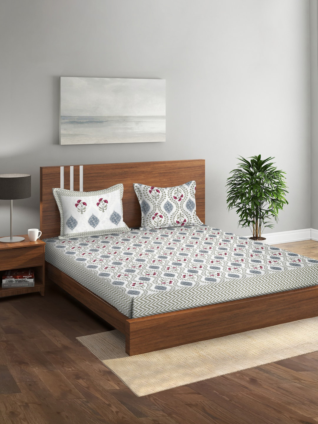 Rajasthan Decor Festive White Floral Cotton 144 TC King Bedsheet with 2 Pillow Covers-106 x 106 inches
