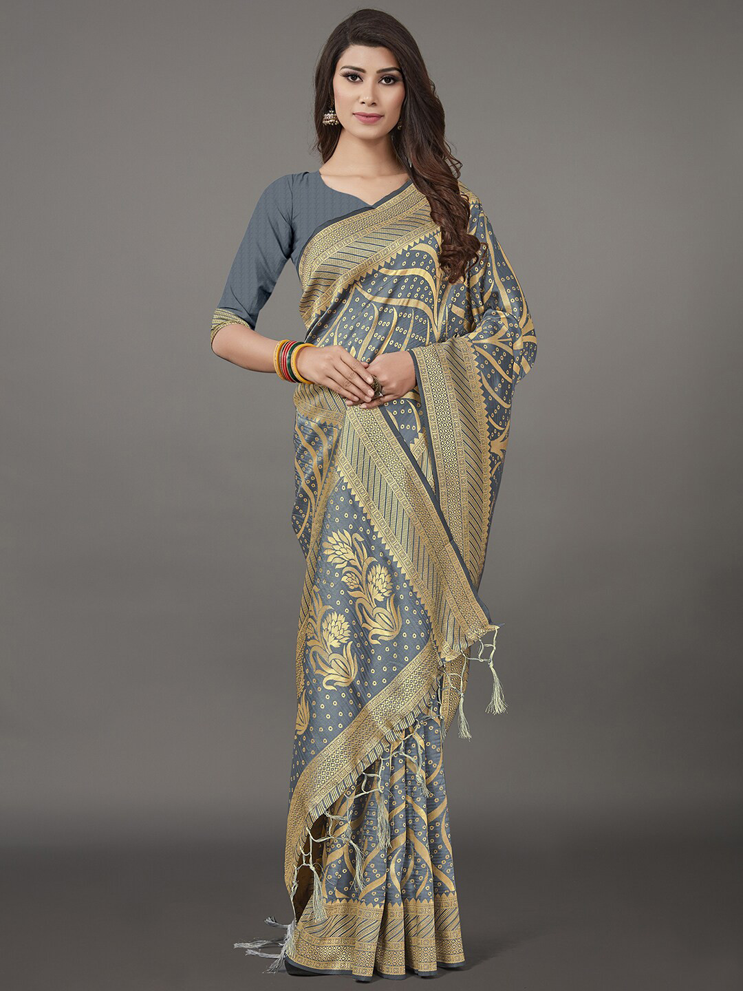 KALINI Grey & Gold-Toned Woven Design Silk Blend Banarasi Saree with Matching Blouse