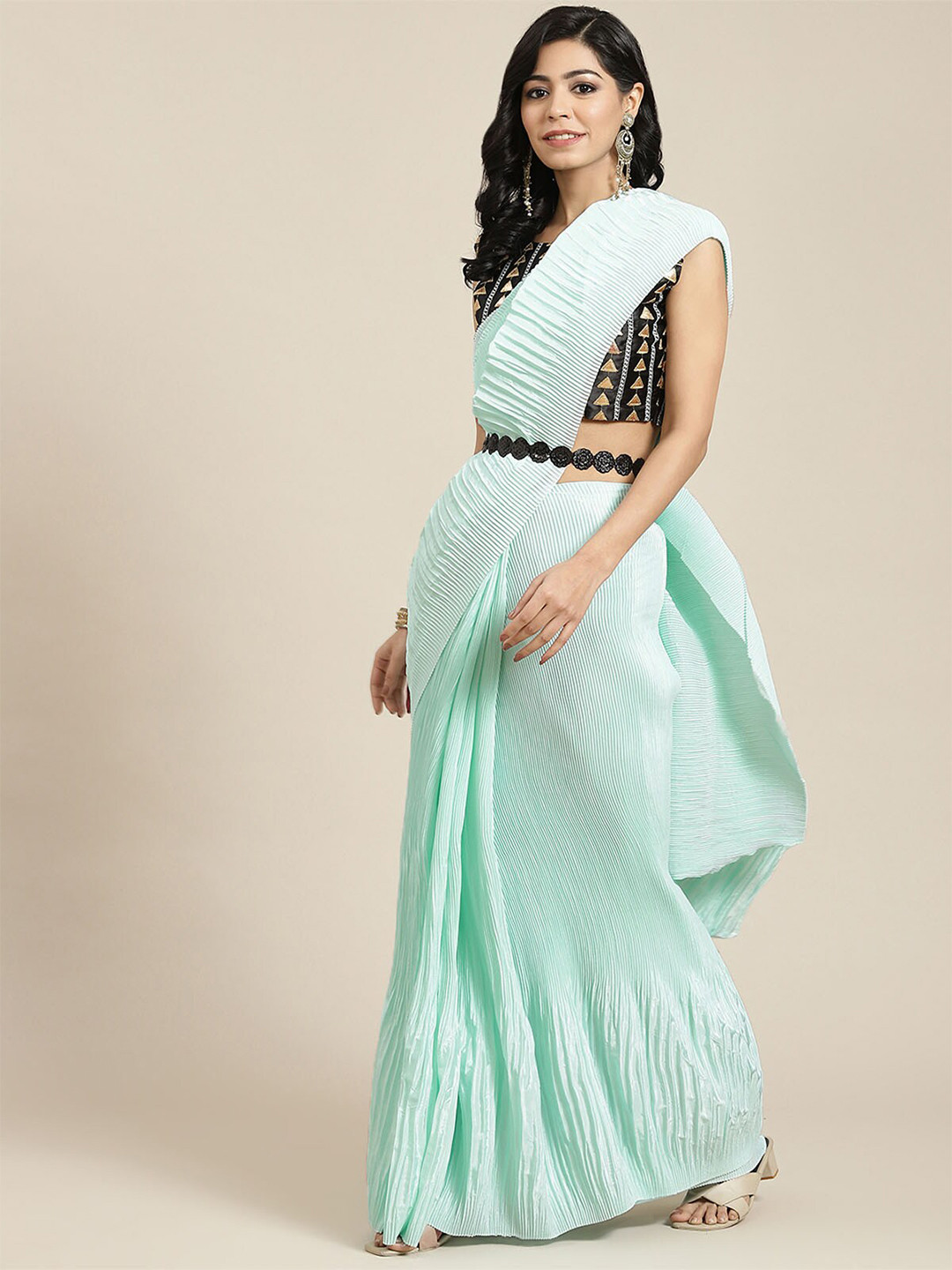 ODETTE Sea Green & Black Pure Crepe Saree